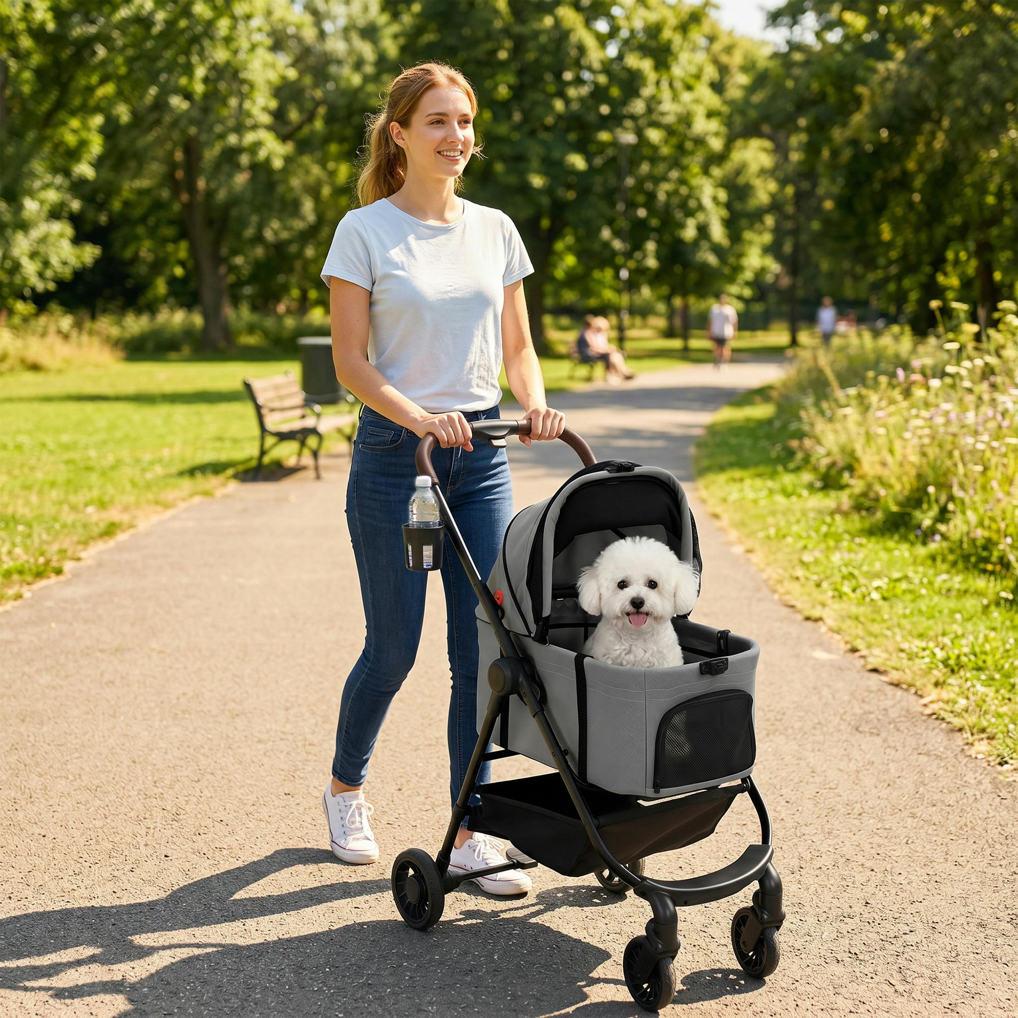 Pawhut Grey 3 In 1 Foldable Pet Stroller For Small Dog With Travel Carrier,