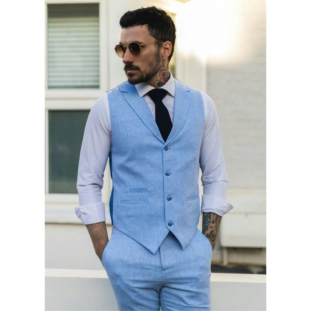 Truclothing Men's Blue Tp-12 - Summer Suit Waistcoat Trousers Linen Formal Royal Wedding - 42" Vest 36" Trousers
