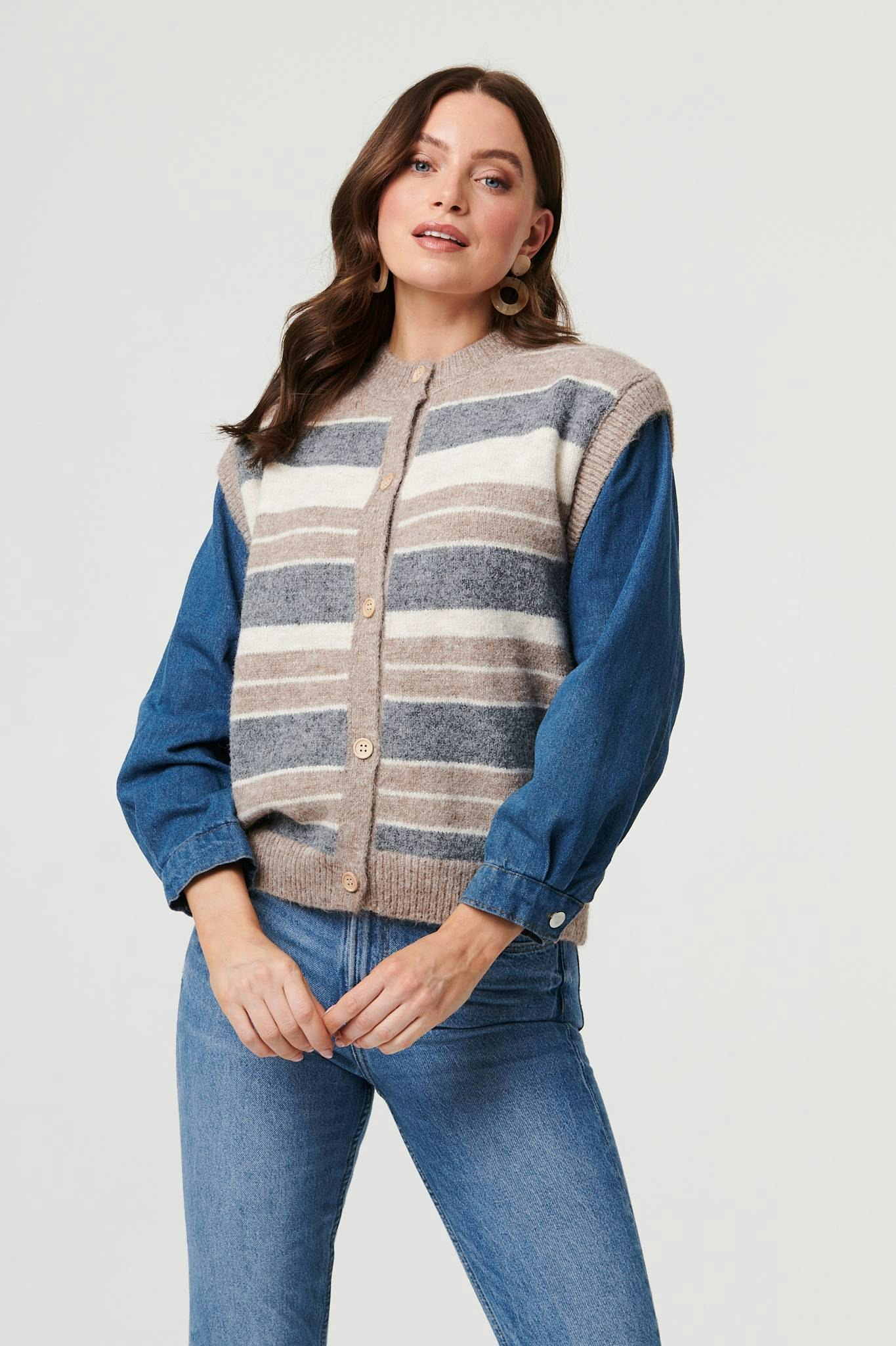 Izabel London Grey Denim Knit Contrast Texture Jacket - S/M