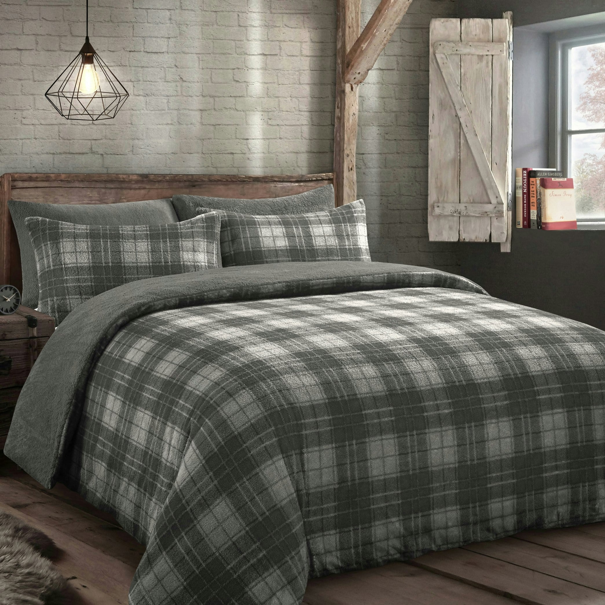 Rackhams Grey Check Teddy Fluffy And Warm Fleece Duvet Cover Set - King
