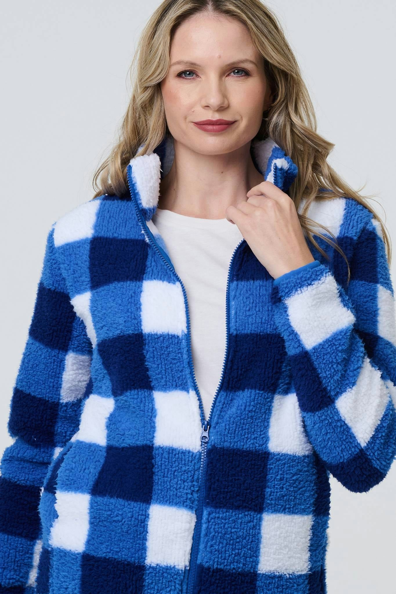 Izabel London Blue Checked Print Teddy Fur Zip Front Jacket - 8
