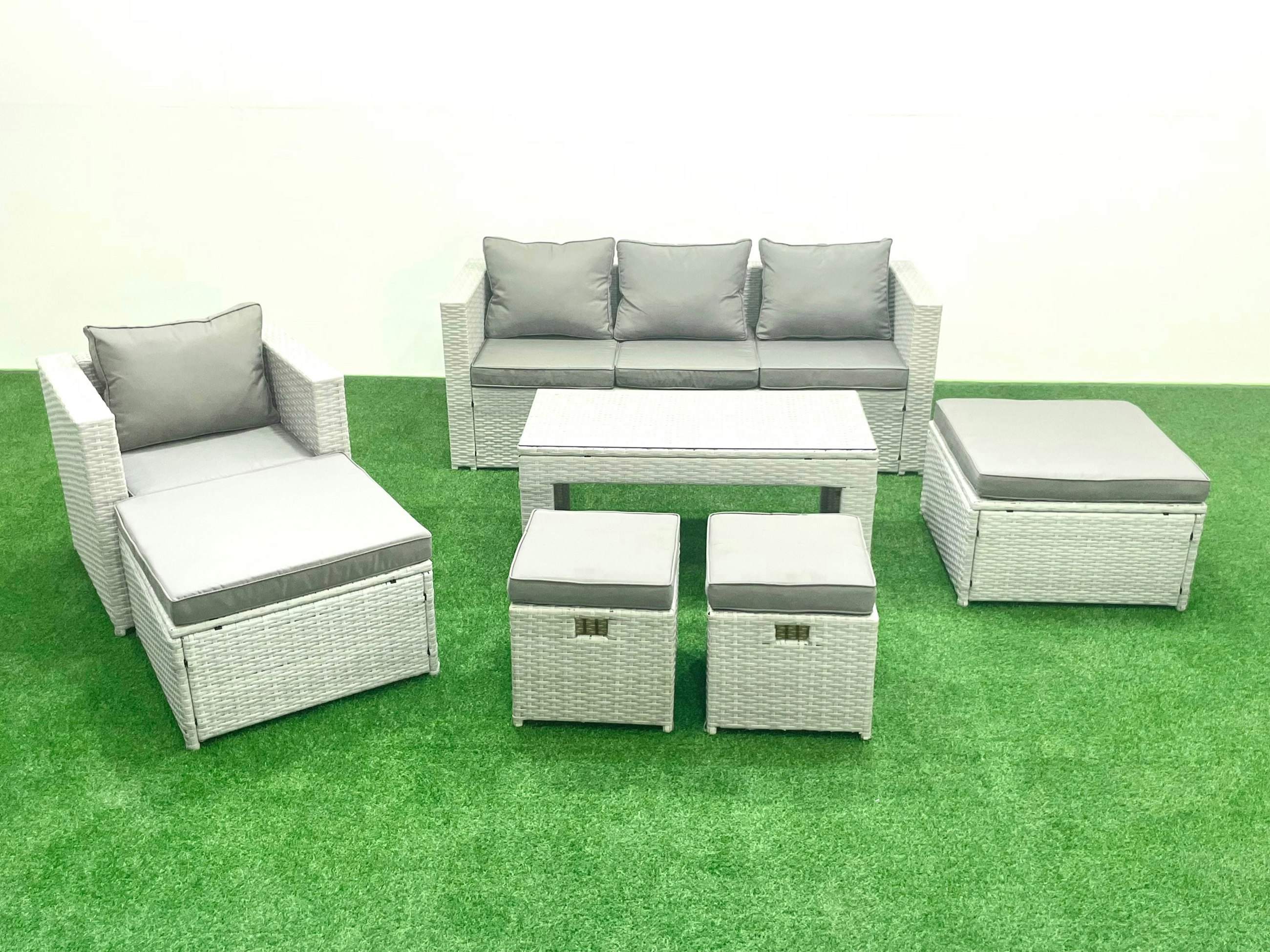 Fimous Light/Grey Rattan Garden Furniture Set Outdoor Lounger Sofa With Coffee Table 4 Footstools Mixed