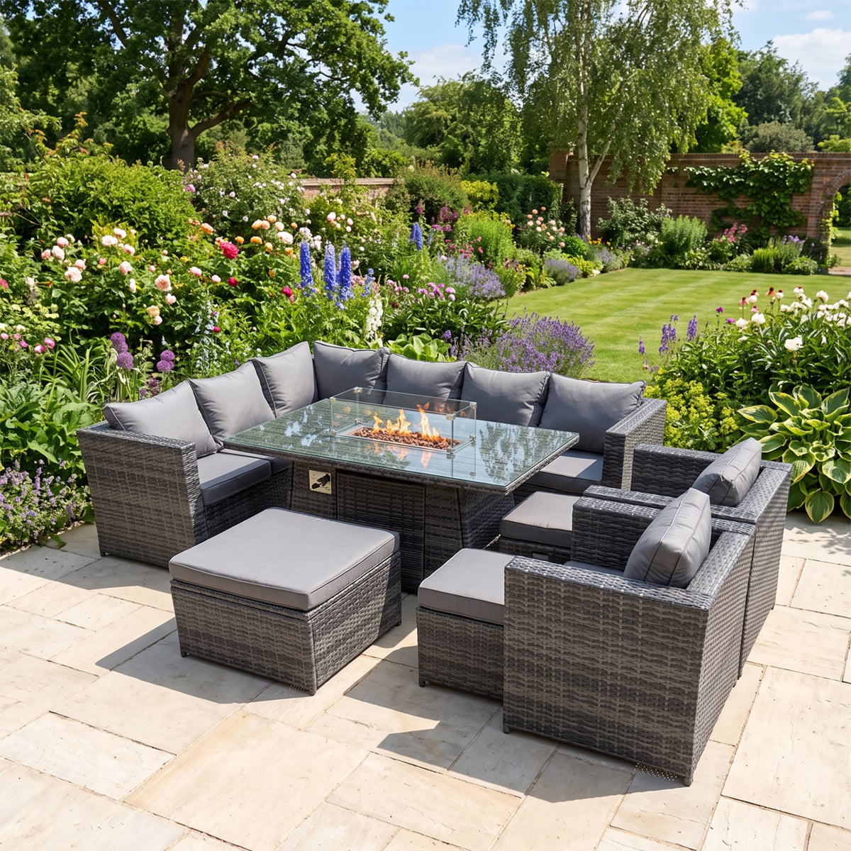 Rackhams Dark/Grey Rattan Garden Furniture Dining Set 11 Seater Gas Fire Pit Dining Table Corner Sofa Set With 3 Stool Mixed