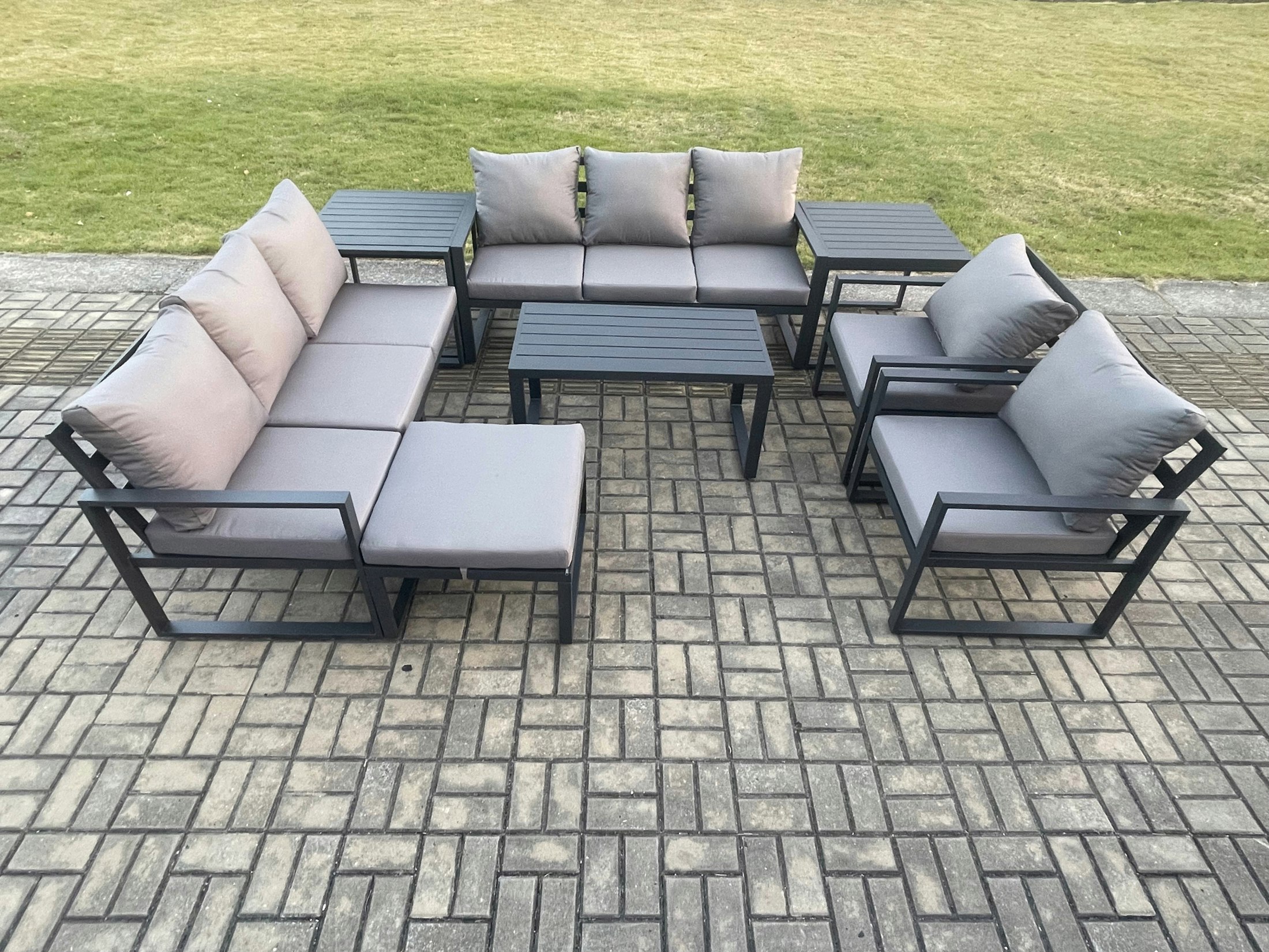 Rackhams Dark/Grey Aluminium Outdoor Garden Furniture Set 9 Seater Garden Sofa With Oblong Coffee Table Big Footstool 2 Side Tables