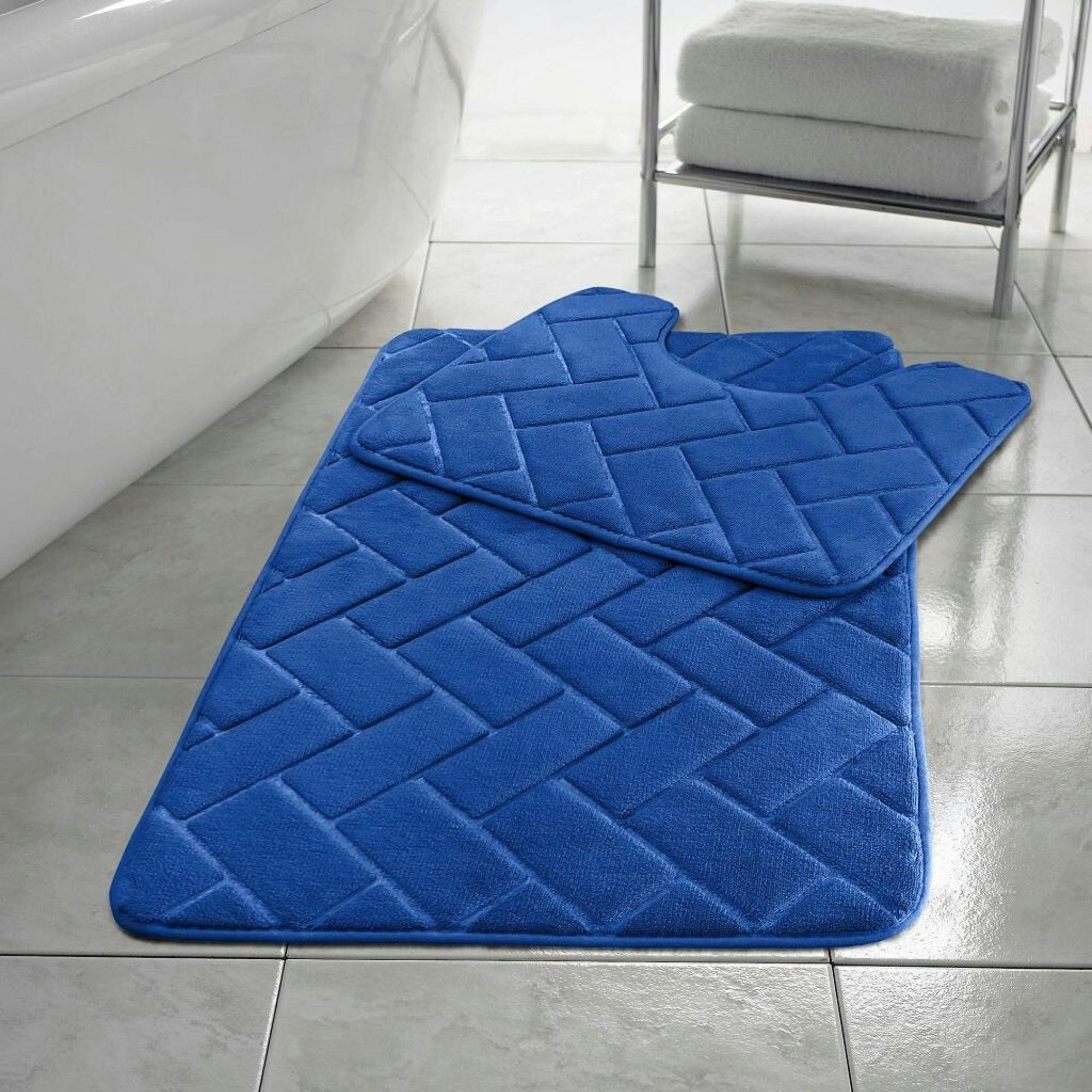 Rackhams Blue Memory Foam Blocks Anti Slip Bath Mat Set 2 Piece