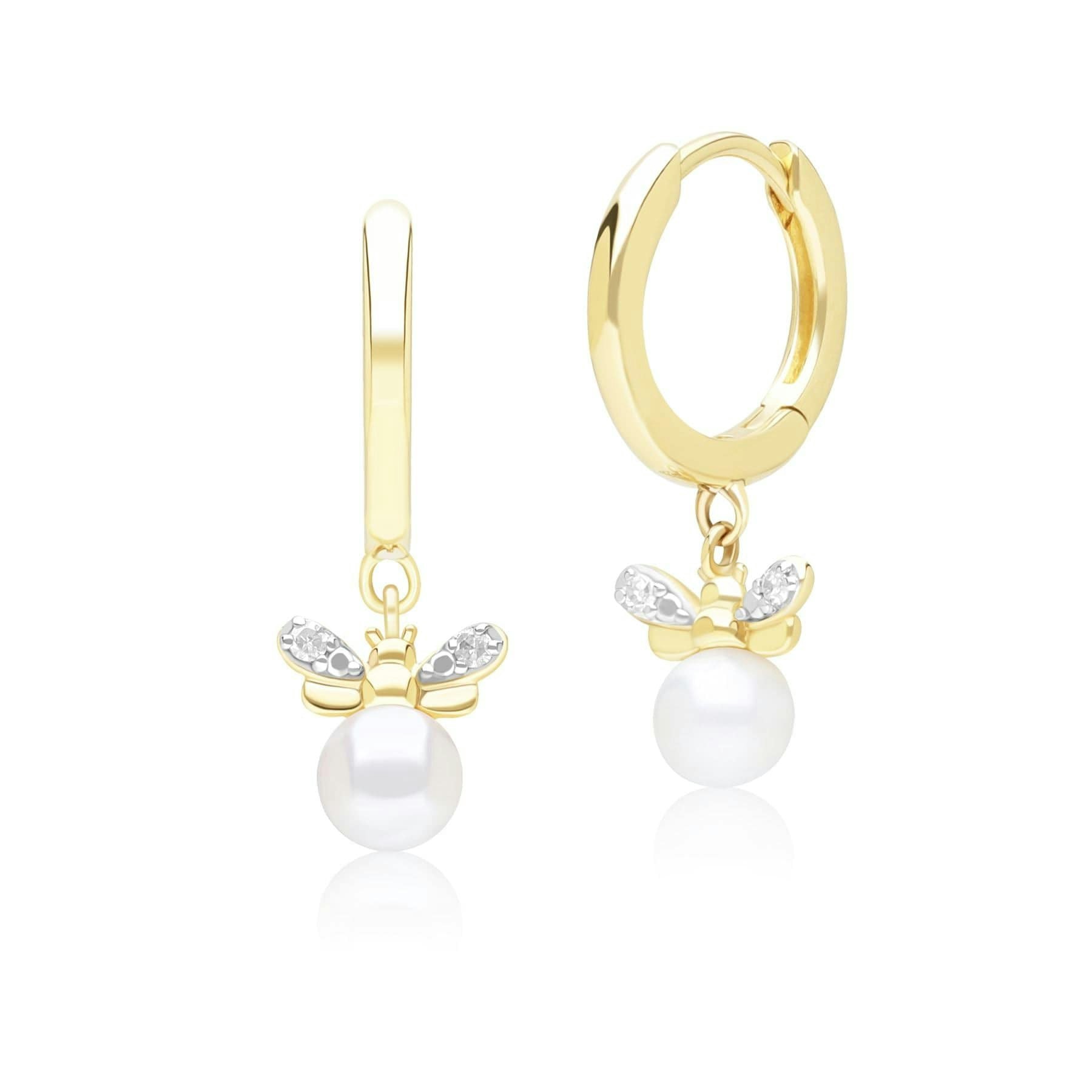 Gemondo Yellow/Gold Honeycomb Inspired Pearl And Diamond Bee Hoop Earrings In 9Ct