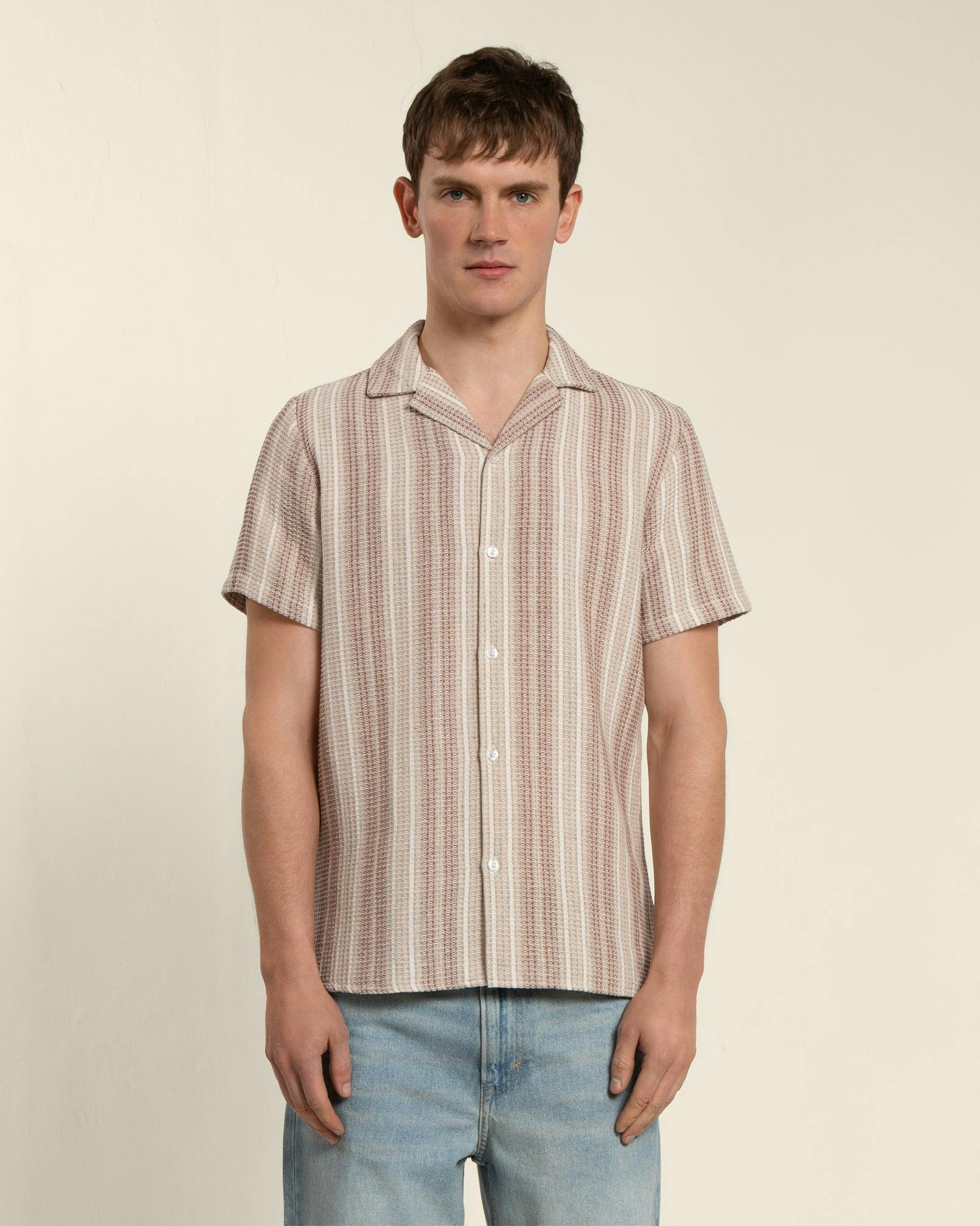 Larsson & Co Textured Stripe Short Sleeve Shirt - L - Stone