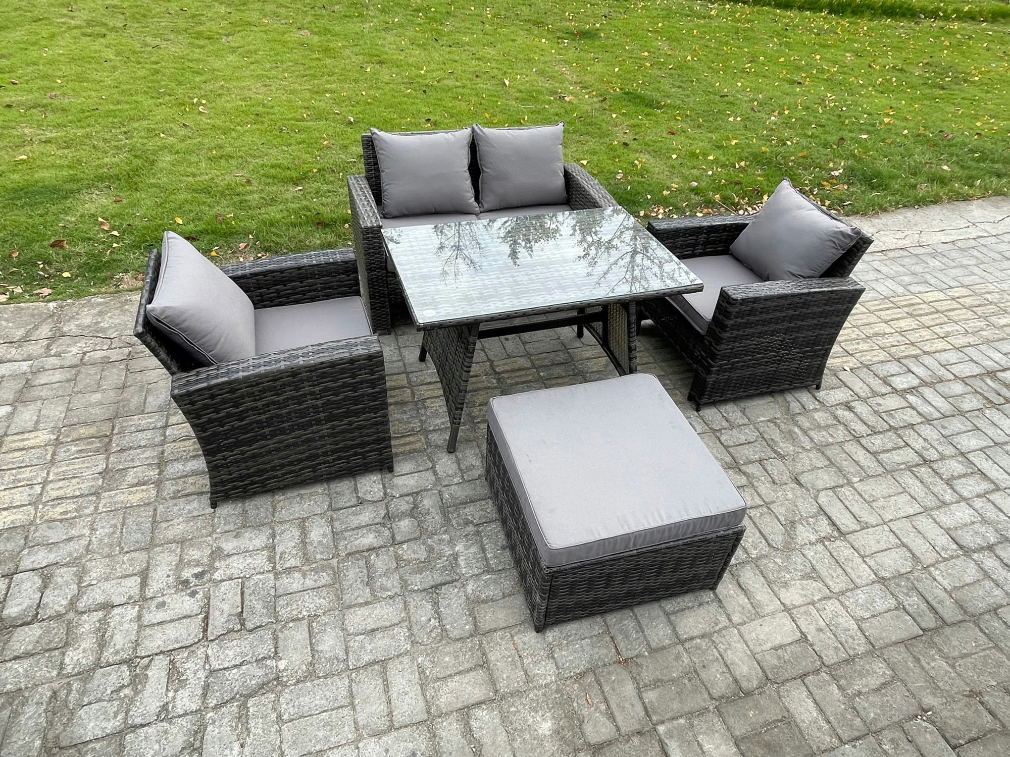 Rackhams Dark/Grey Outdoor Garden Furniture High Back Rattan Sofa Dining Table Set With Big Footstool Mixed