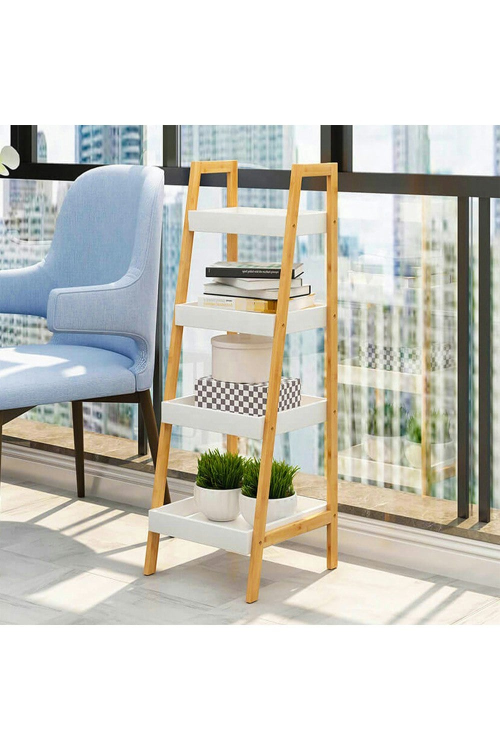 Rackhams Brown 4 Tiers Ladder Shelf Storage Organizer Wooden Freestanding Bookshelf Bathroom Storage Rack