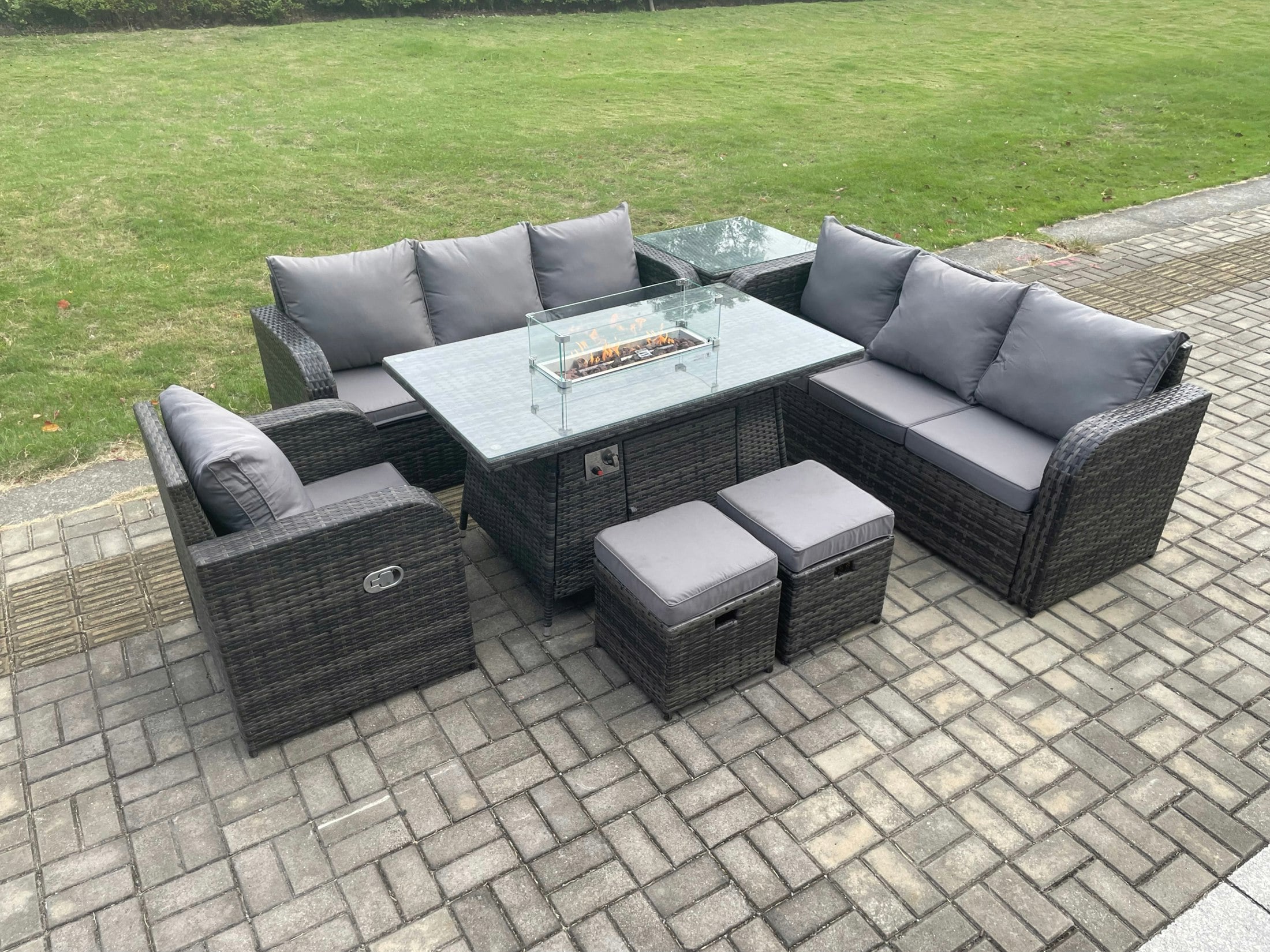 Fimous Dark/Grey 9-Seater Rattan Outdoor Gas Fire Pit Dining Set | Rectangle Table, Reclining Chair, 3-Seater Sofa, 2 Footstools, Side Table