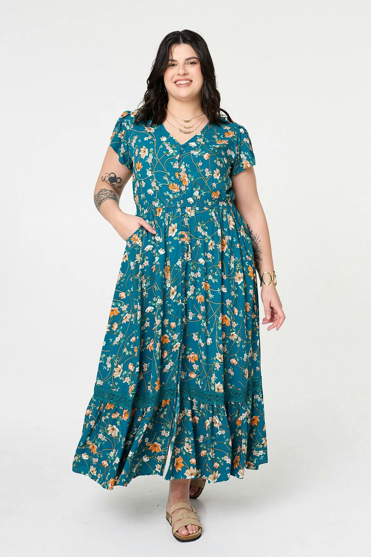 Izabel London Curve Floral Cap Sleeve Lace Maxi Dress - 22 - Teal