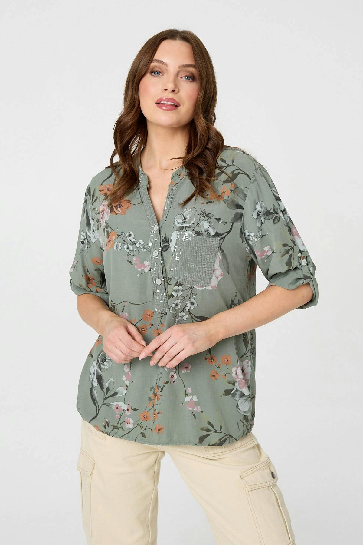 Izabel London Sequin Trim V-Neck Relaxed Blouse - 8 - Khaki