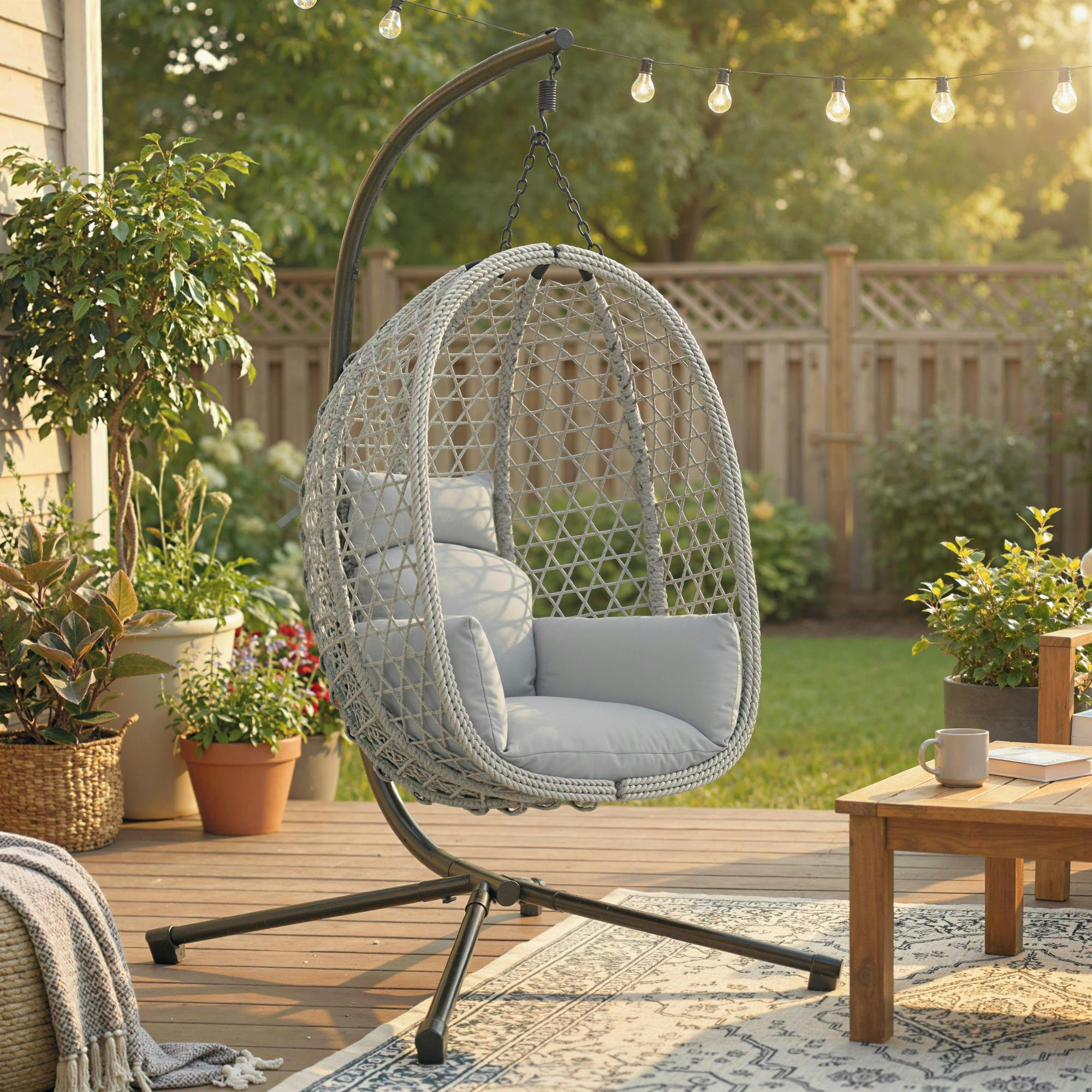 Rackhams Light/Grey Hanging Egg Chair, Rattan Swing Chair With Stand