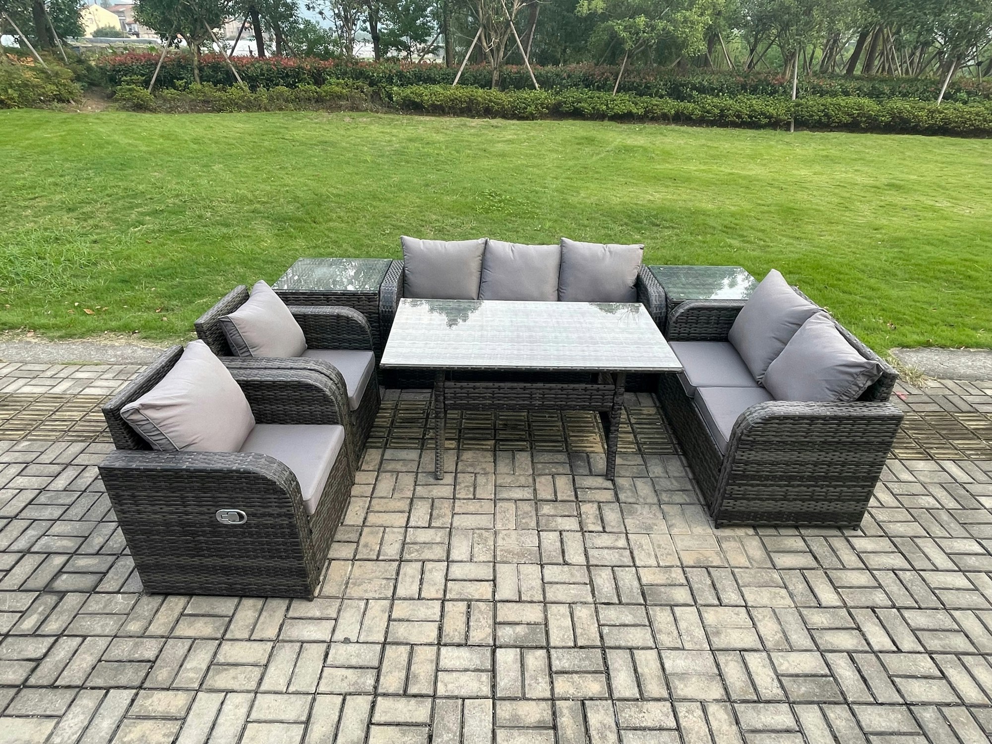 Fimous Dark/Grey 7 Seater Rattan Outdoor Dining Set - Reclining Chair, Loveseat, 2-Seater Sofa & Rectangular Dining Table