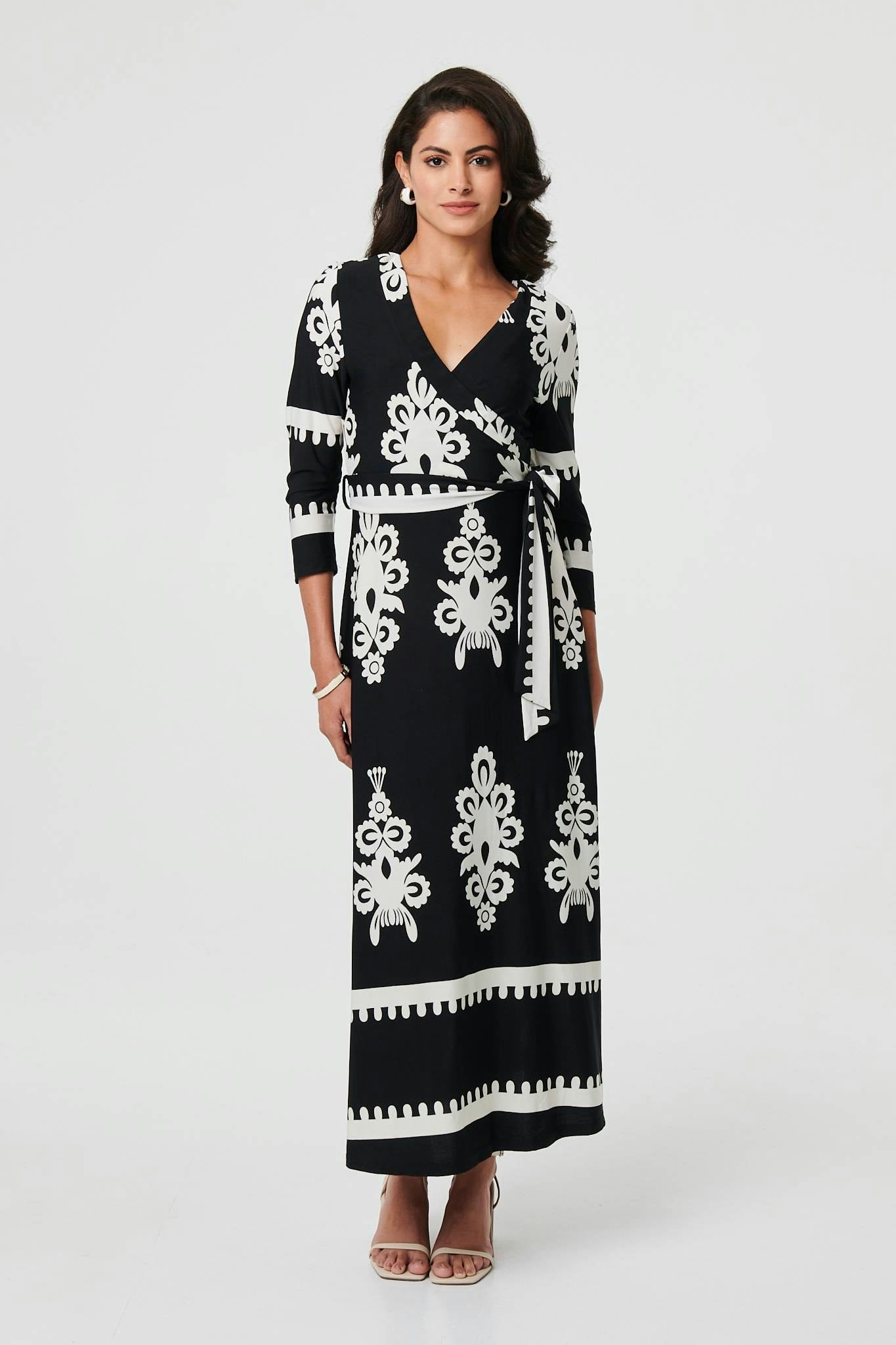 Izabel London Black Ikat Print 3/4 Sleeve Wrap Maxi Dress - 10
