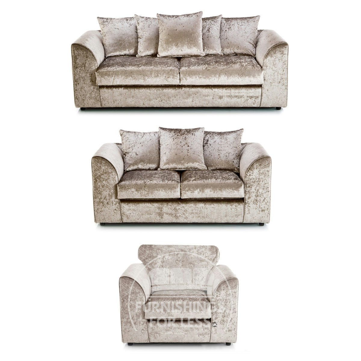 Rackhams Light/Black Crystal Crushed Velvet 3 Piece Sofa Suite Scatter Back - Mink