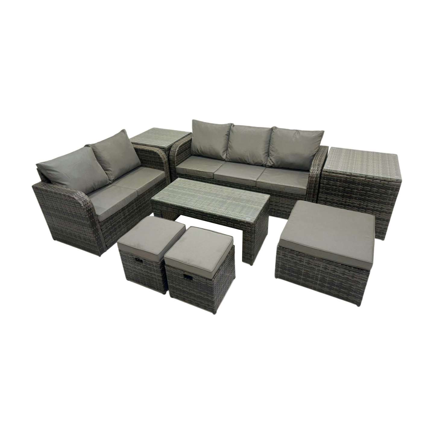 Fimous Dark/Grey Rattan Garden Outdoor Furniture Set 3 Seater Sofa Love Sofa Coffee Table With 3 Footstools 2 Side Table Mixed