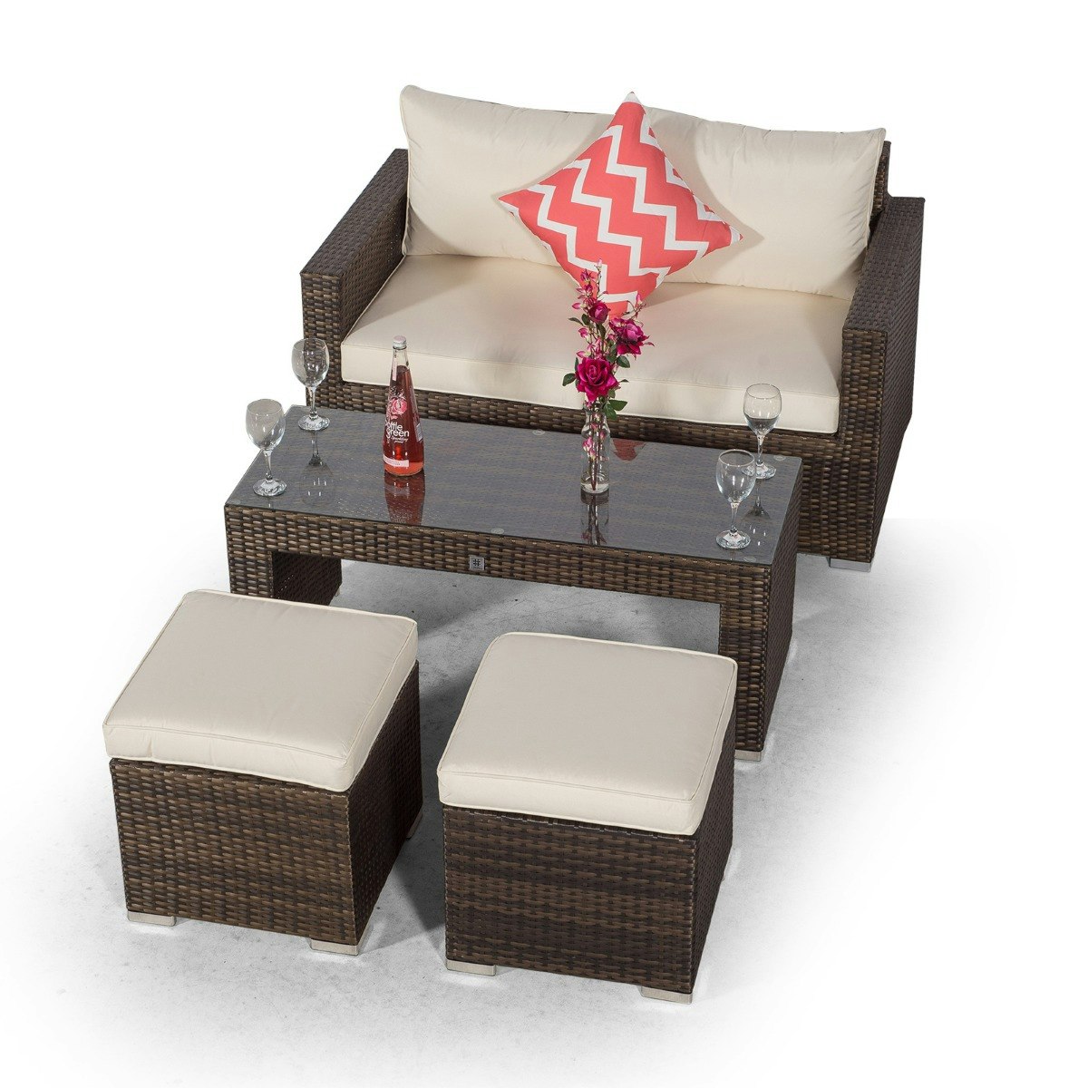 Rackhams Brown Sydney Rattan 2 Seater Sofa Set With Coffee Table And 2 Stools - 1