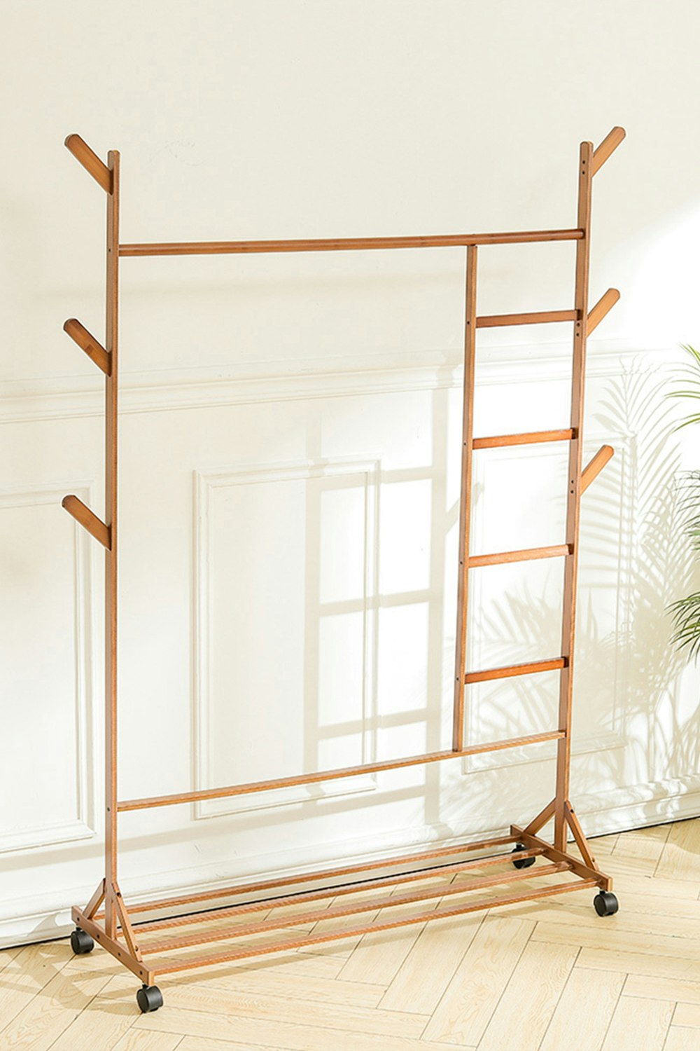 Rackhams Brown Bamboo Clothes Rack With Bottom Shelf Shoe Clothing Storage Organizer