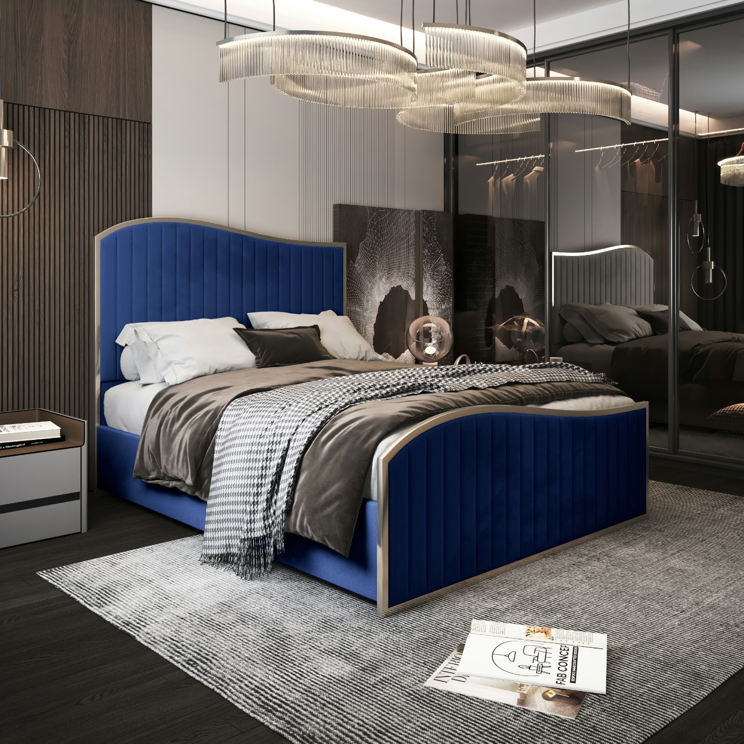 Casa Magna Blue Brixton Upholstered Soft Velvet Metal Bed Frame - King