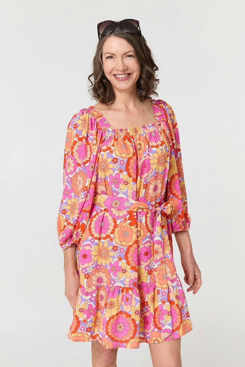 Izabel London Women's Pink Vintage Floral Tie Waist Short Dress - 8