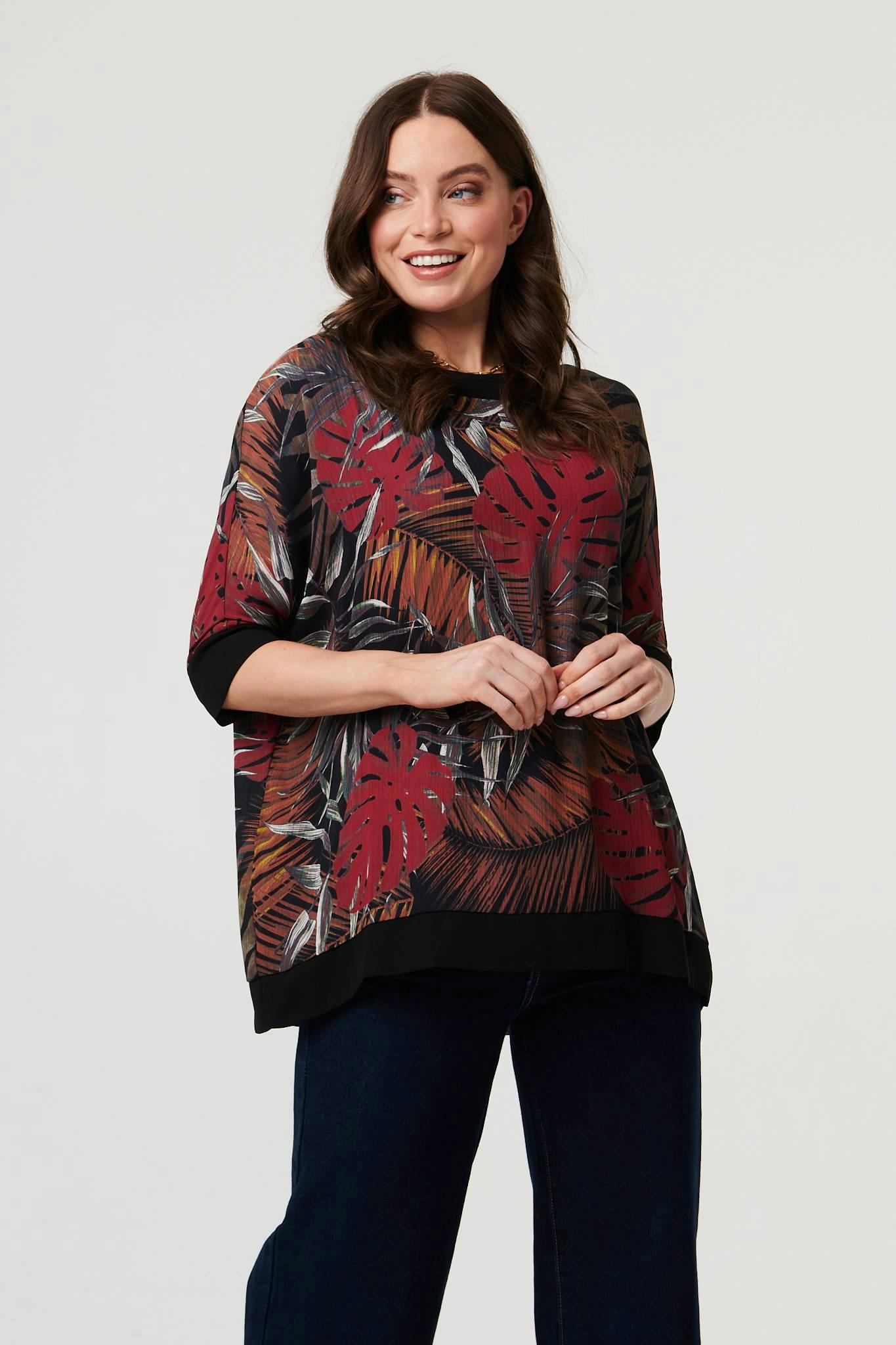 Izabel London Black Leaf Print 3/4 Sleeve Relaxed Tunic Top - 10