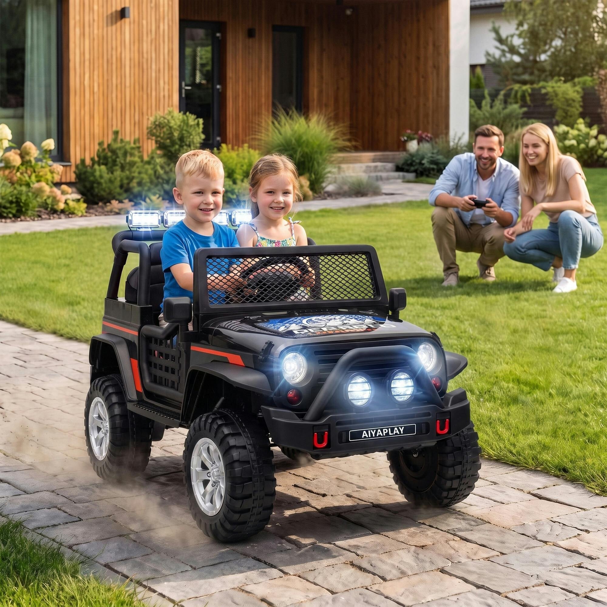 Aiyaplay Black 12V Kids Electric Ride On Car, Battery Powered Off Road Truck