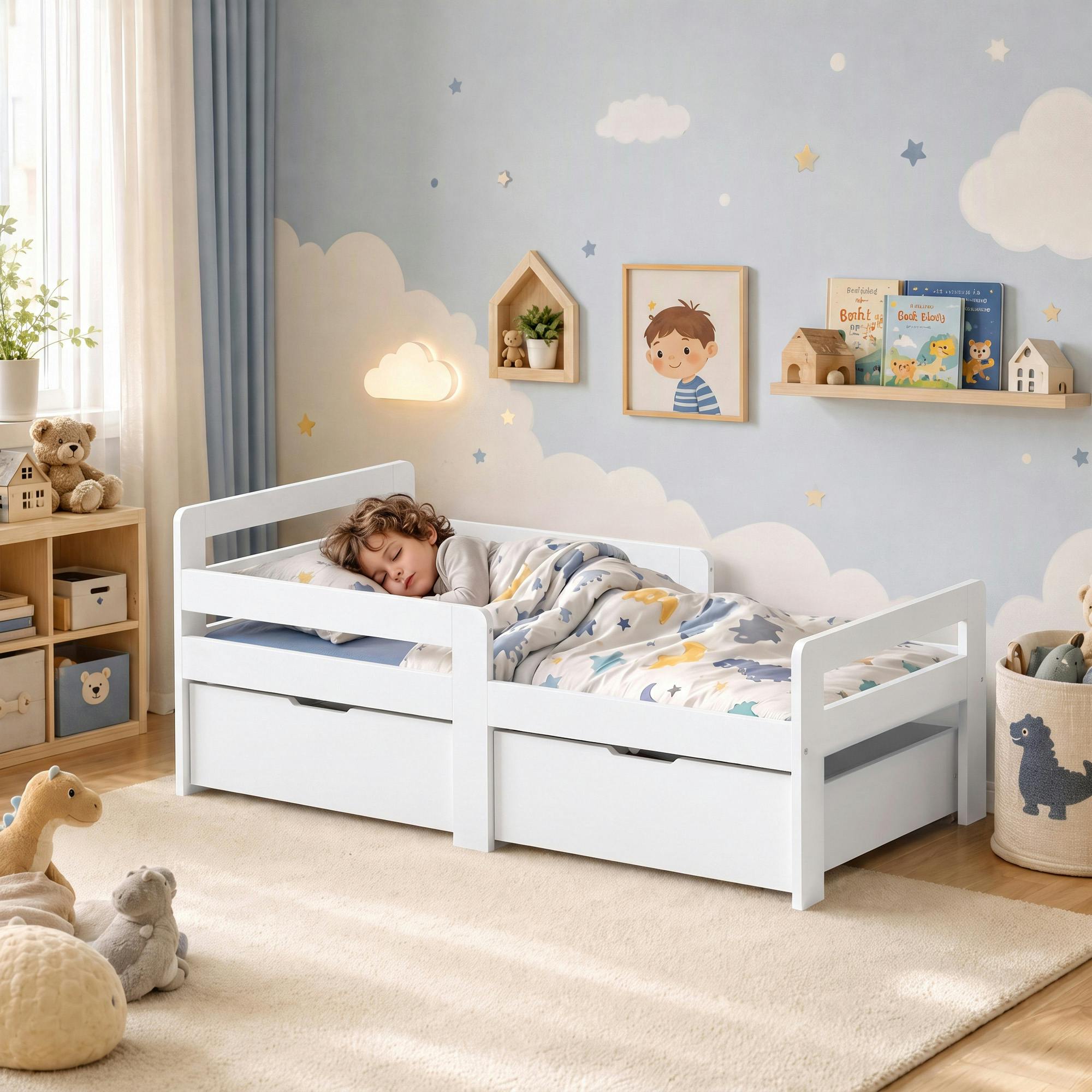 Rackhams White Wooden Kids Bed Frame With 2 Storage Drawers For Ages 4-14,