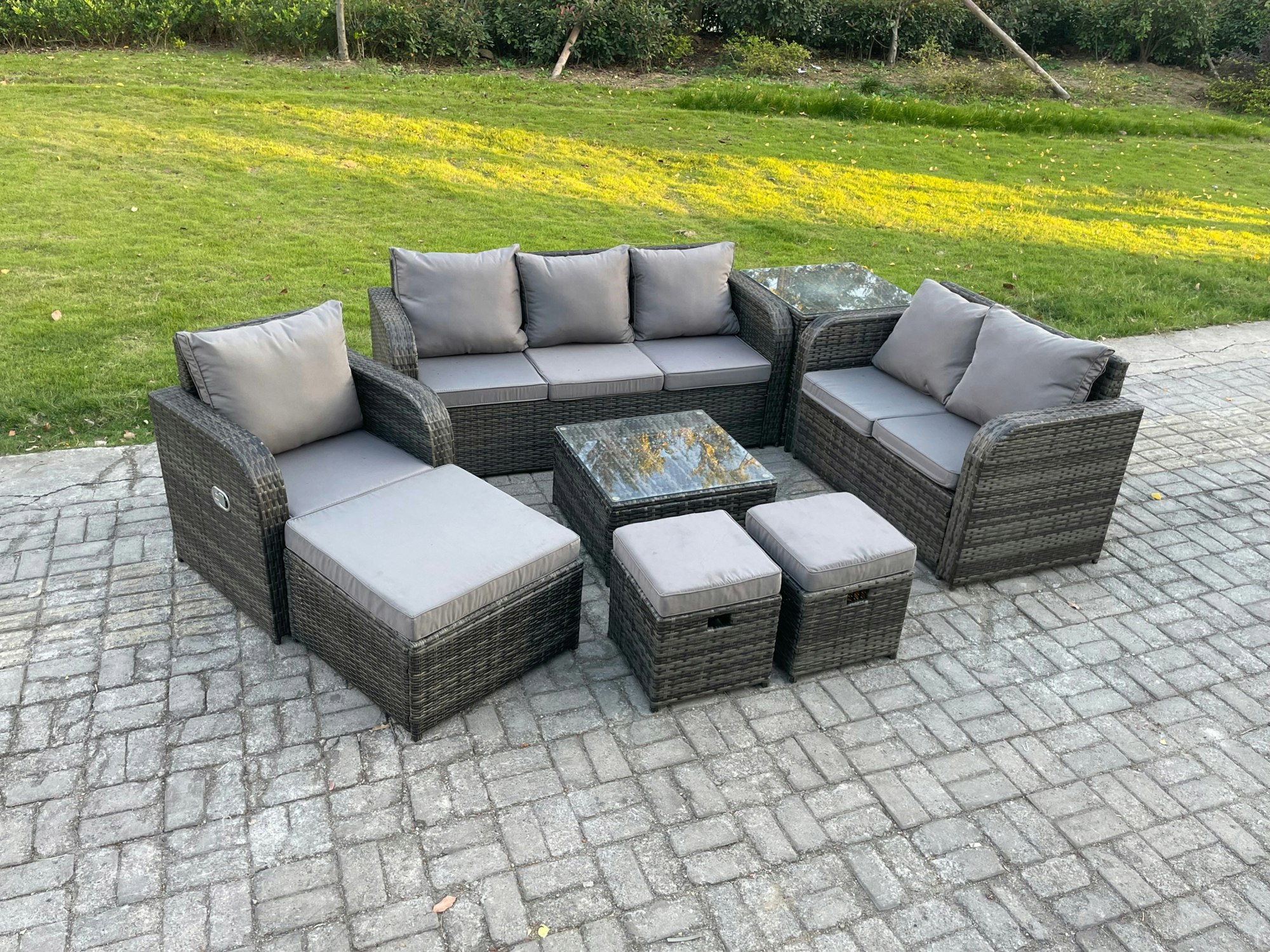 Rackhams Dark/Grey 8-Piece Rattan Garden Furniture Set - Mixed Patio Sofa Set With Square Coffee Table & Reclining Chair