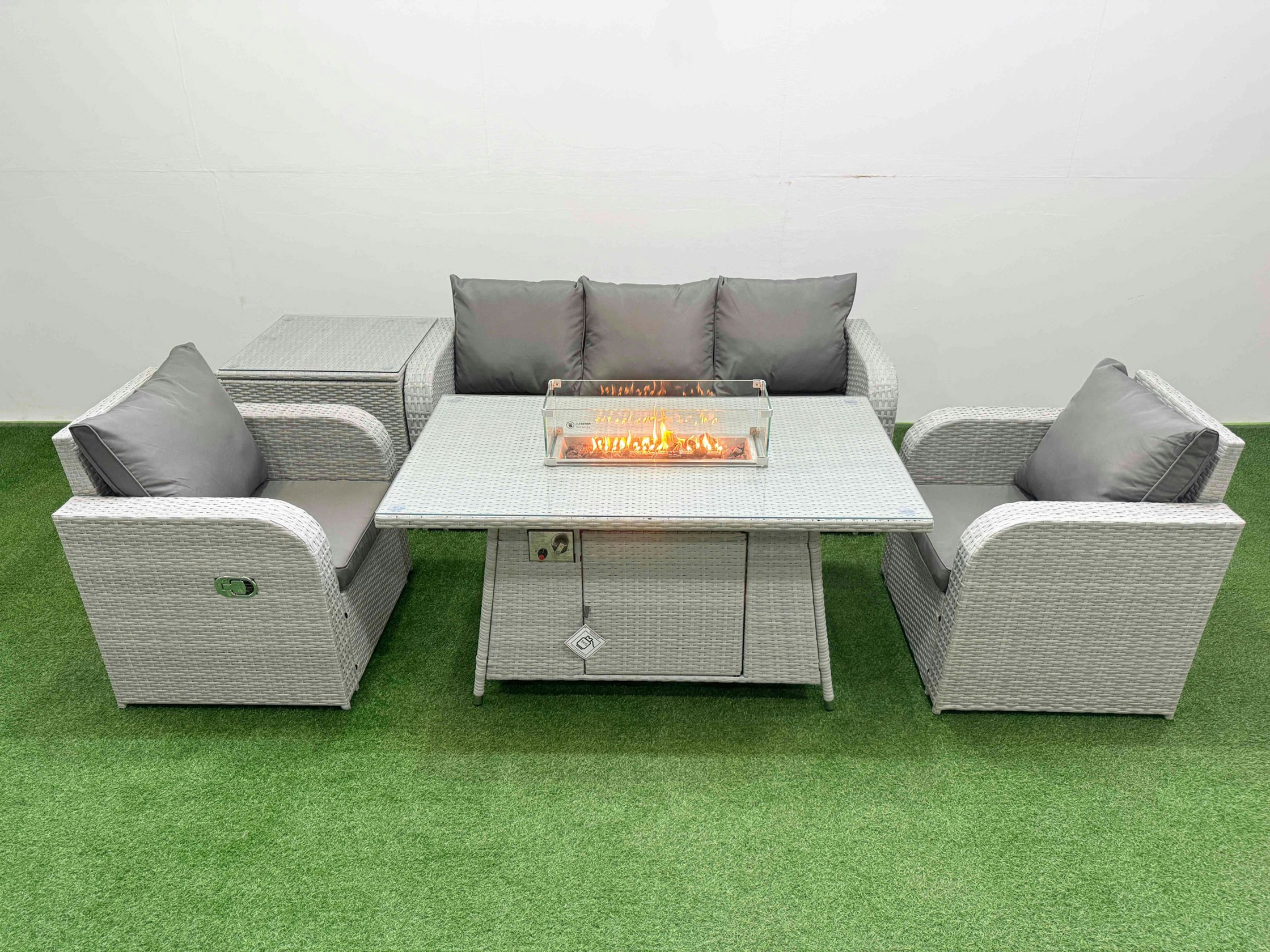 Fimous Light/Grey Pe Rattan Garden Furniture Set Reclining Chair Sofa Lounge Sofa Set Fire Pit Dining Table Side Table