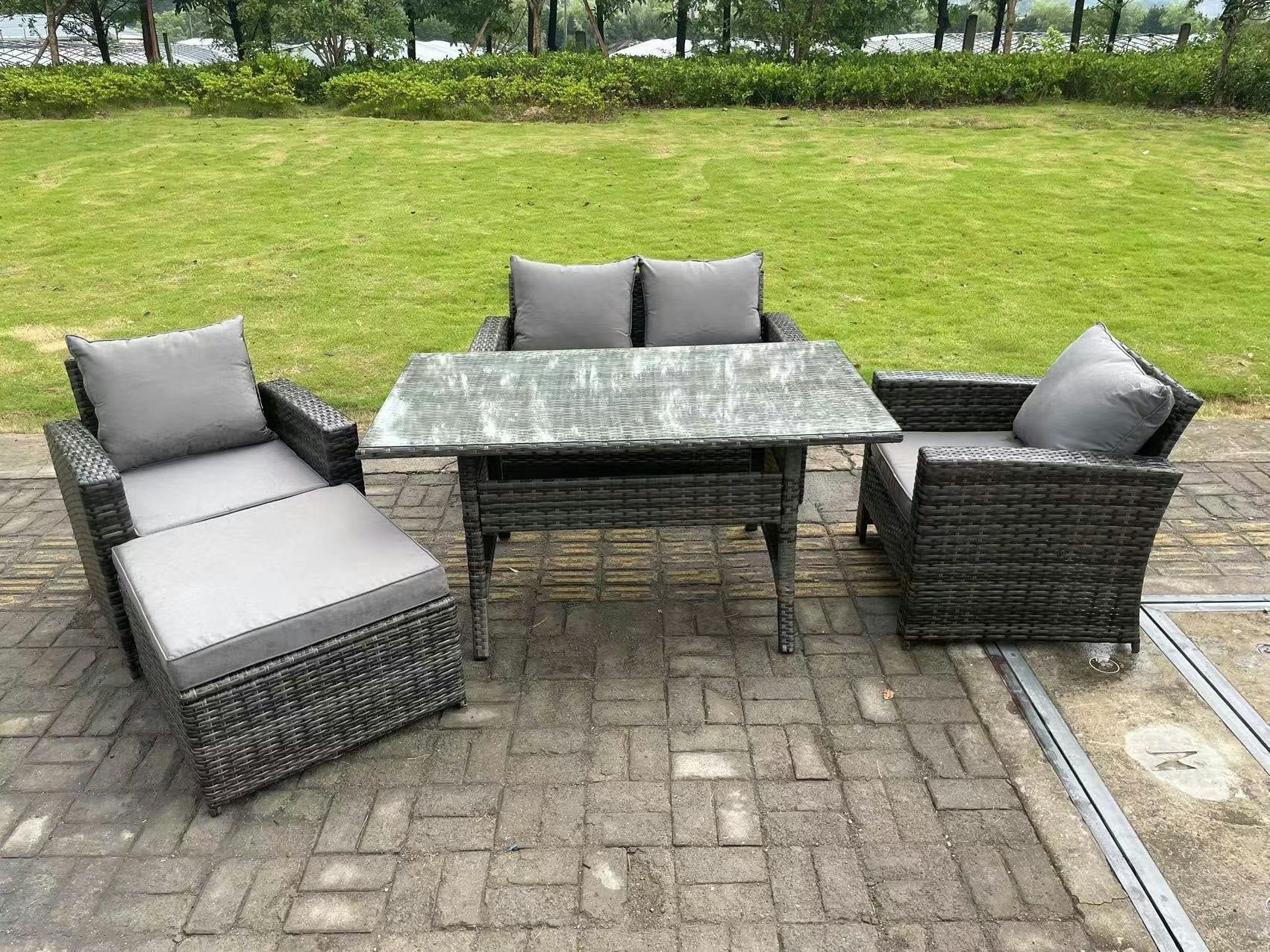 Rackhams Dark/Grey 5 Seater Outdoor Mixed High Back Rattan Sofa Dining Table Set Love Seat Garden Furniture Big Footstool