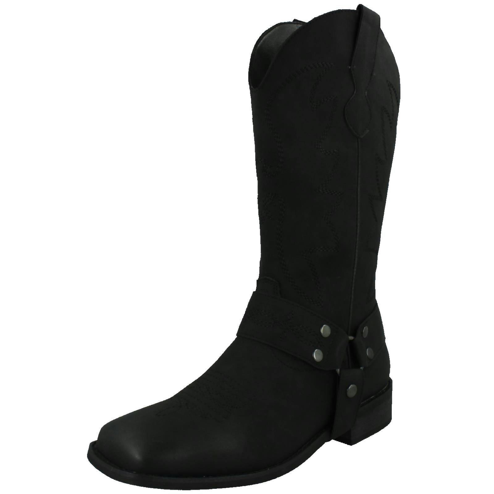 Spot On Women's Black Low Heel Cowboy Boots With Ring Trim Strap F51234 - Uk 8