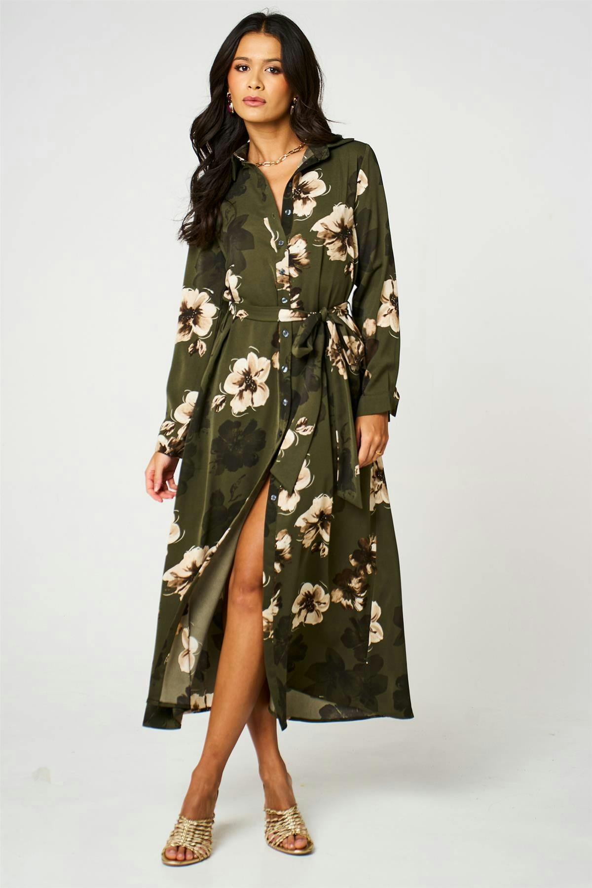 Fs Collection Green Large Floral Long Sleeve Belted Shirt Dress In Olive - Xl - Olive