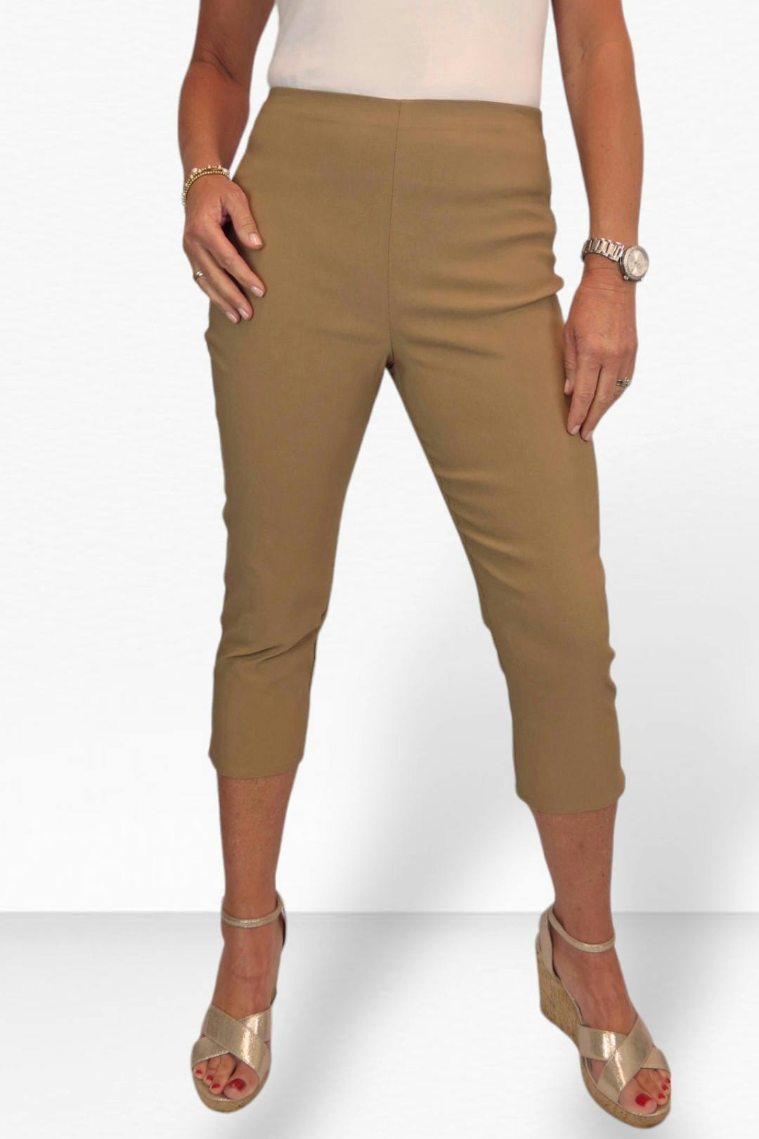 Paulo Due Women's Slim Leg Elastic Waist Cropped Trousers - 14 - Camel