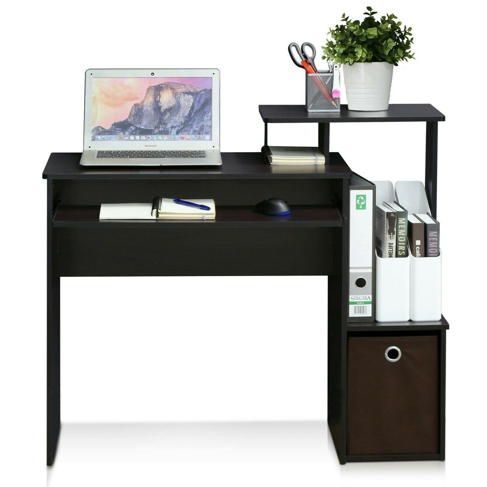 Walplus Dark Econ Multipurpose Home Office Computer Writing Desk W/Bin, Walnut | Modern Desk Designed For Contemporary Interiors | 12095Dwn
