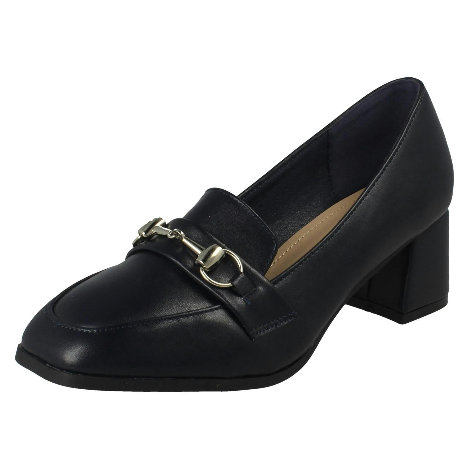 Spot On Women's Buckle Detailed Slip On Mid Heel Court Shoe F90154 - Navy - Uk 7