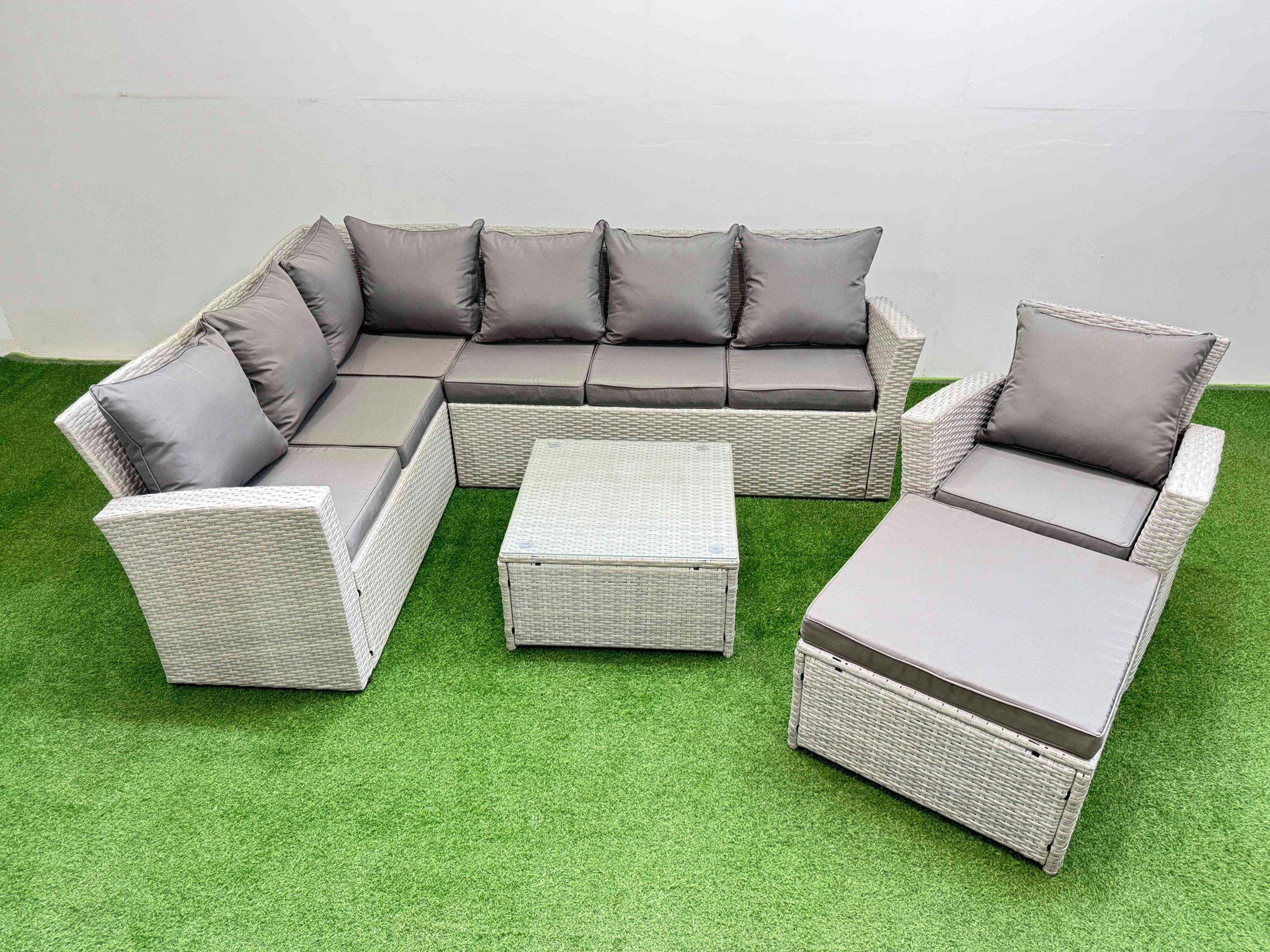 Rackhams Light/Grey Outdoor Rattan Garden Furniture Set 8 Seater Corner Sofa Sets With Square Coffee Table Chair Big Footstool Mixed