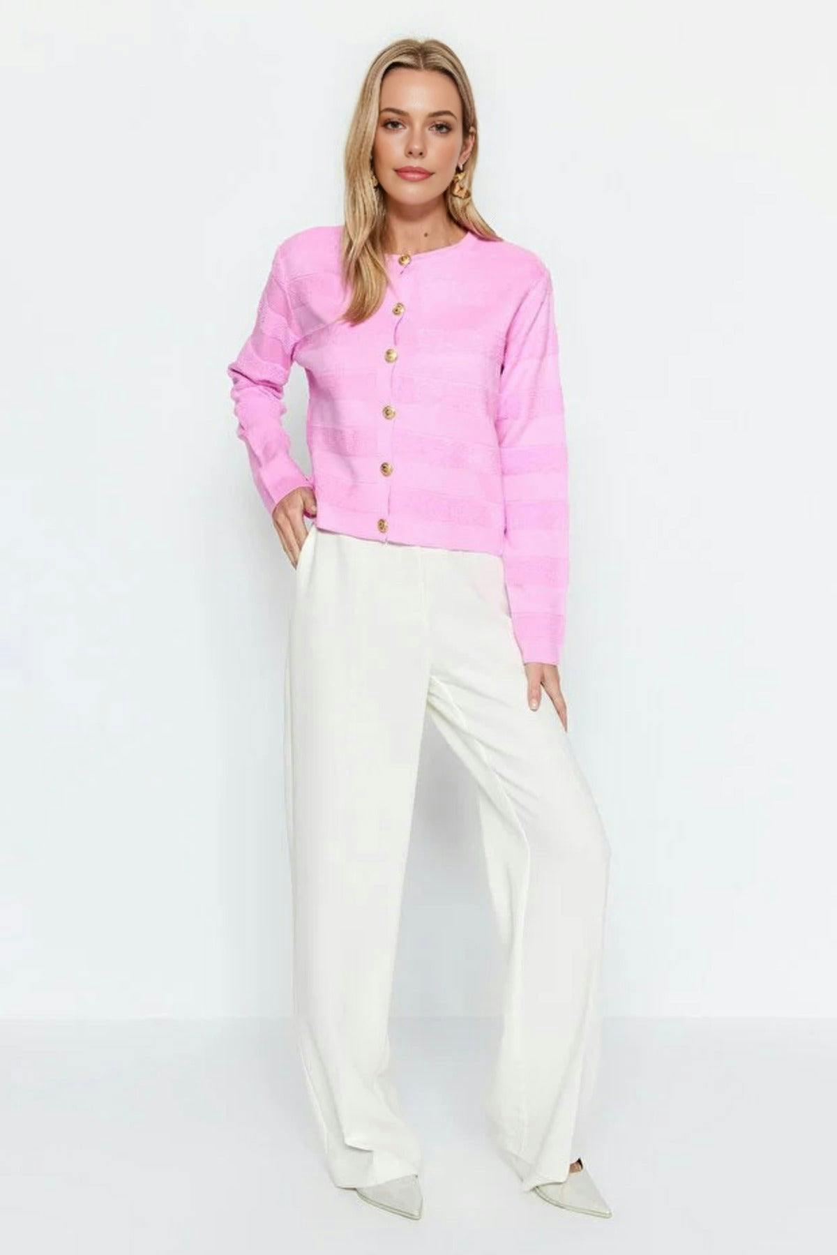 Wovcor Pink Crew Neck Knit Cardigan - M