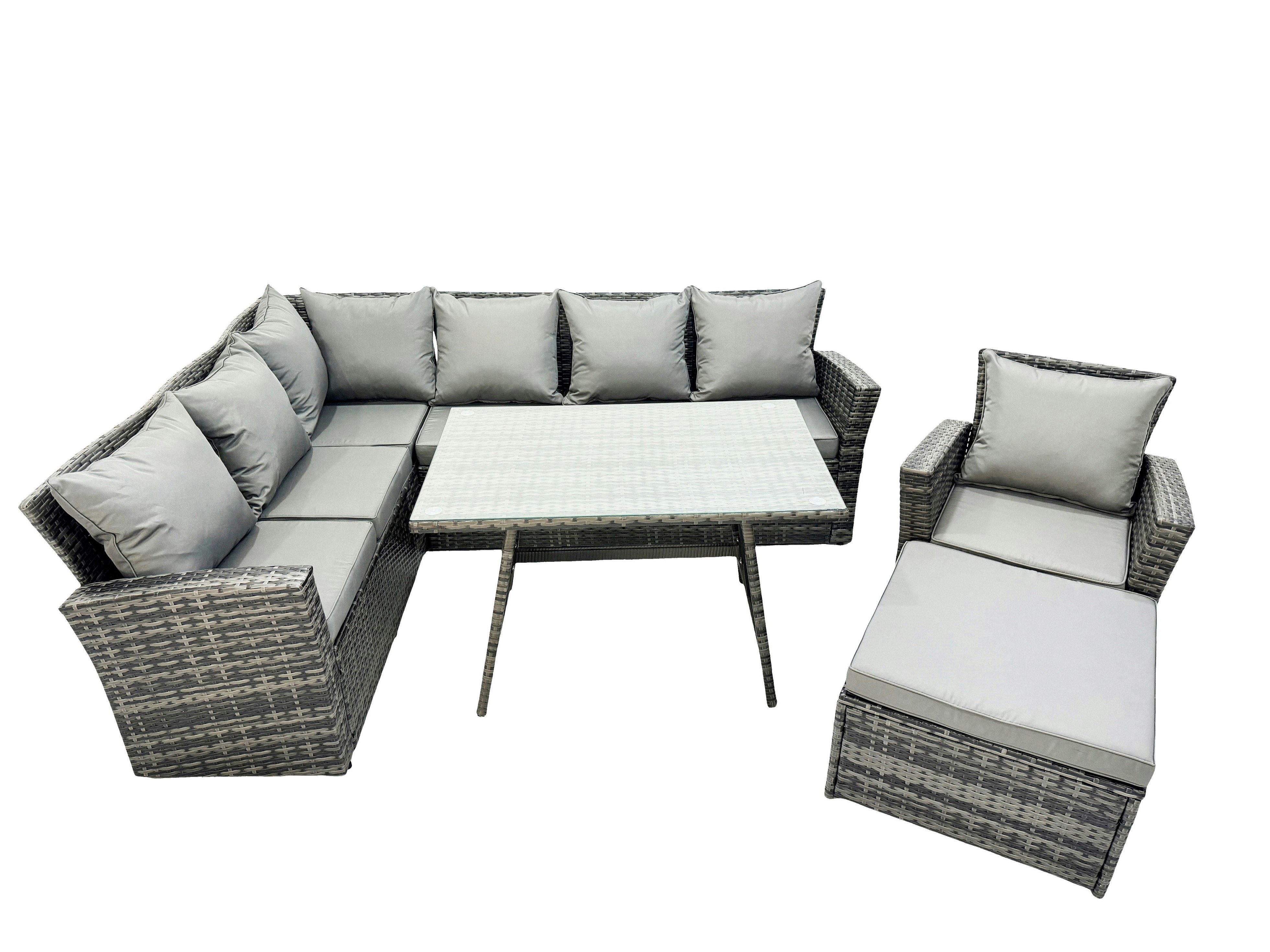 Rackhams 8 Seater High Back Rattan Garden Furniture Set Corner Sofa With Oblong Dining Table Footstool With Arm Chair
