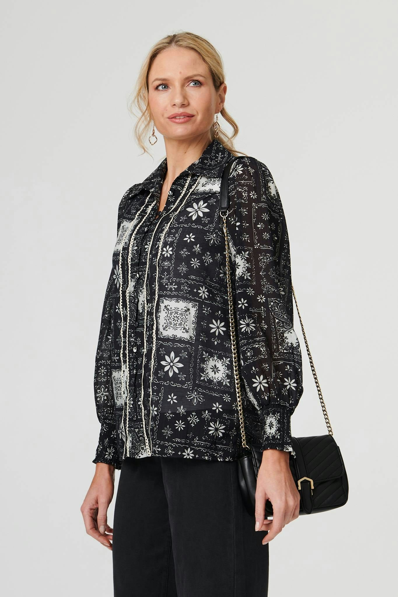Izabel London Black Mosaic Print Button-Up Semi Sheer Shirt - 10