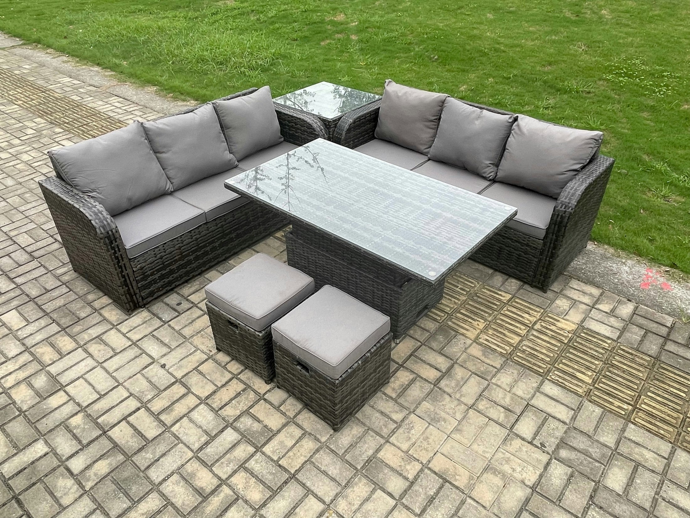 Rackhams Dark/Grey Outdoor Rattan Garden Furniture Sets Height Adjustable Rising Lifting Dining Table Sofa Set With Side Table 2 Small Footstools Mixed