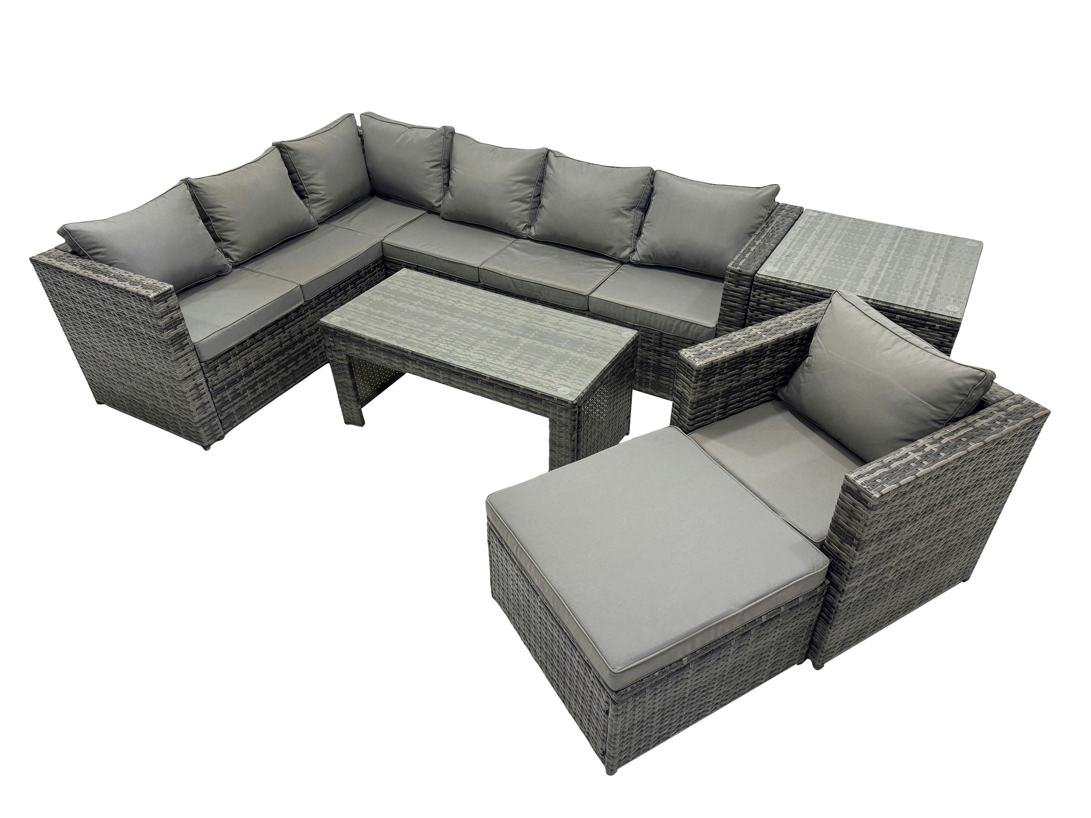 Rackhams Dark/Grey 6 Pieces Outdoor Pe Rattan Garden Furniture Corner Sofa Oblong Coffee Table Set With Cushions Big Footstool Side Table Mixed