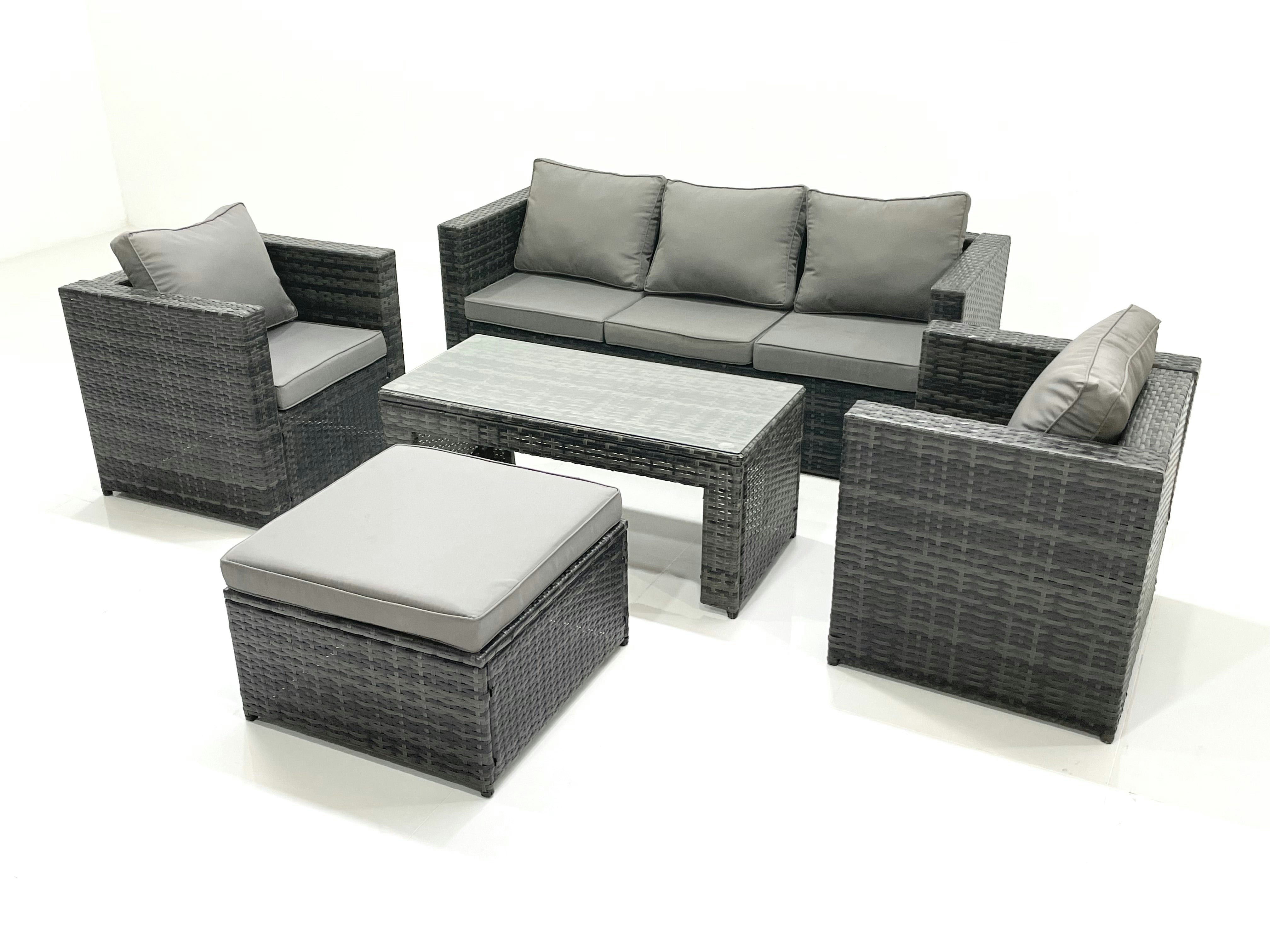 Rackhams Dark/Grey Rattan Garden Furniture Set Outdoor Lounger Sofa With Coffee Table 2 Armchair Big Footstool Mixed