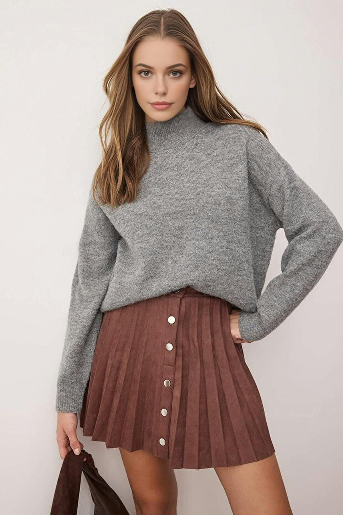 Wovcor Brown Suede Snap Button A-Line Pleated Stretch Mini Skirt - M