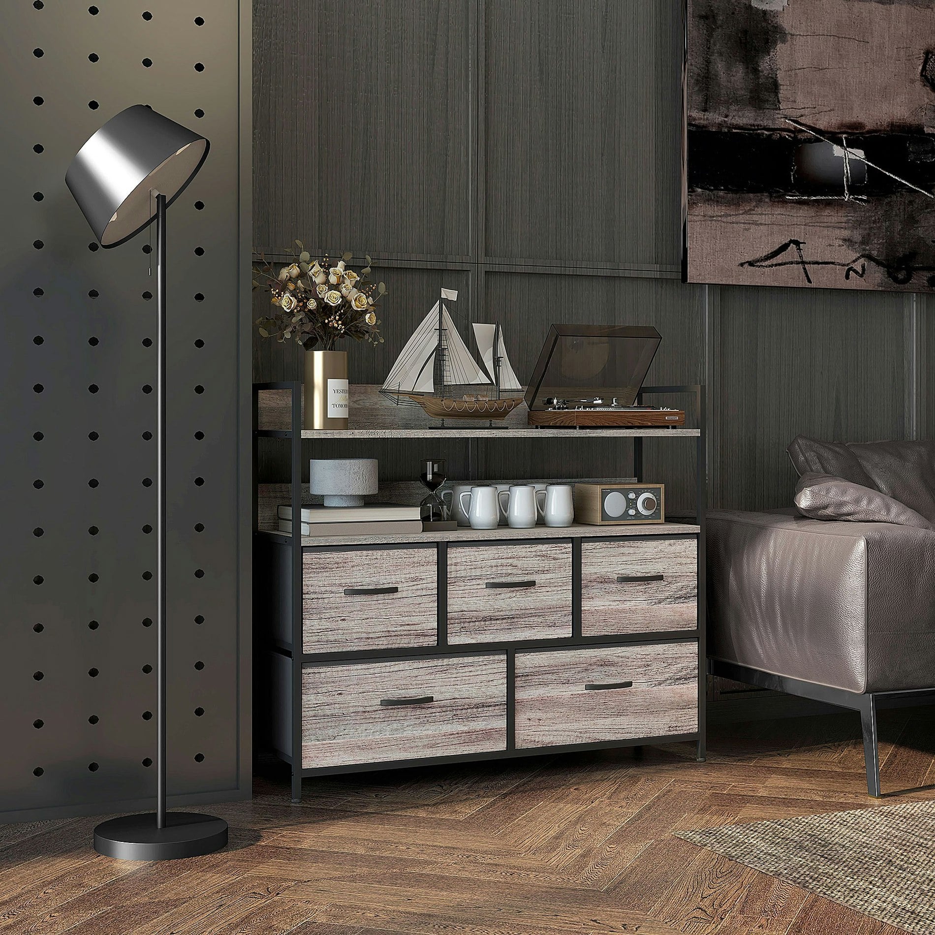 Rackhams Black/Grey Bedroom Chest Of Drawers 5 Drawer Dresser W/ Shelves, - Wood Effect