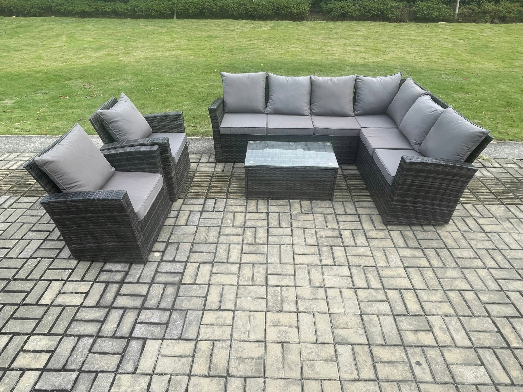 Rackhams Dark/Grey 8 Seater High Back Outdoor Garden Furniture Set Rattan Corner Sofa Set With Rectangular Coffee Table 2 Armchairs Mixed