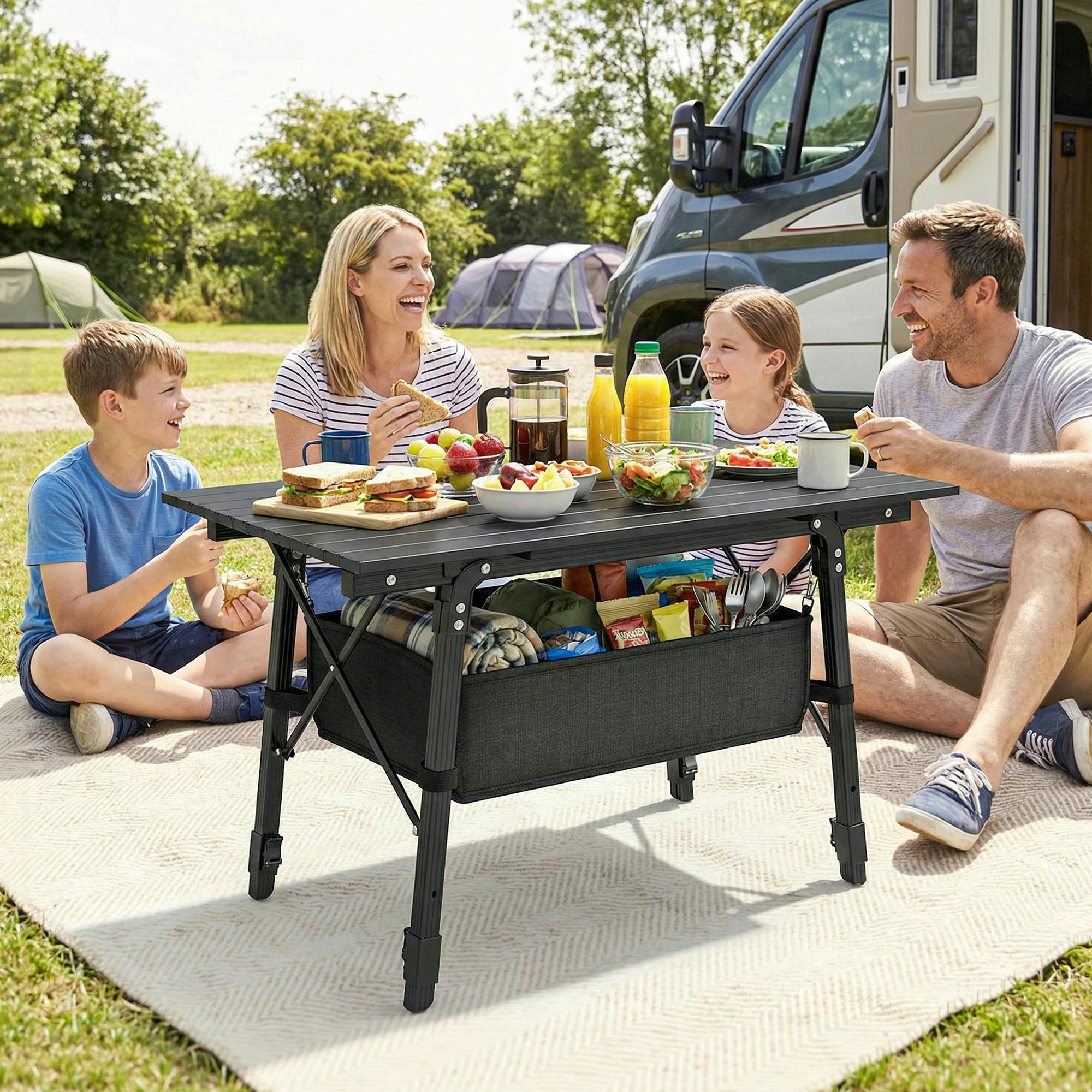 Outsunny Black Folding Camping Table W/ Adjustable Height, Storage Basket,