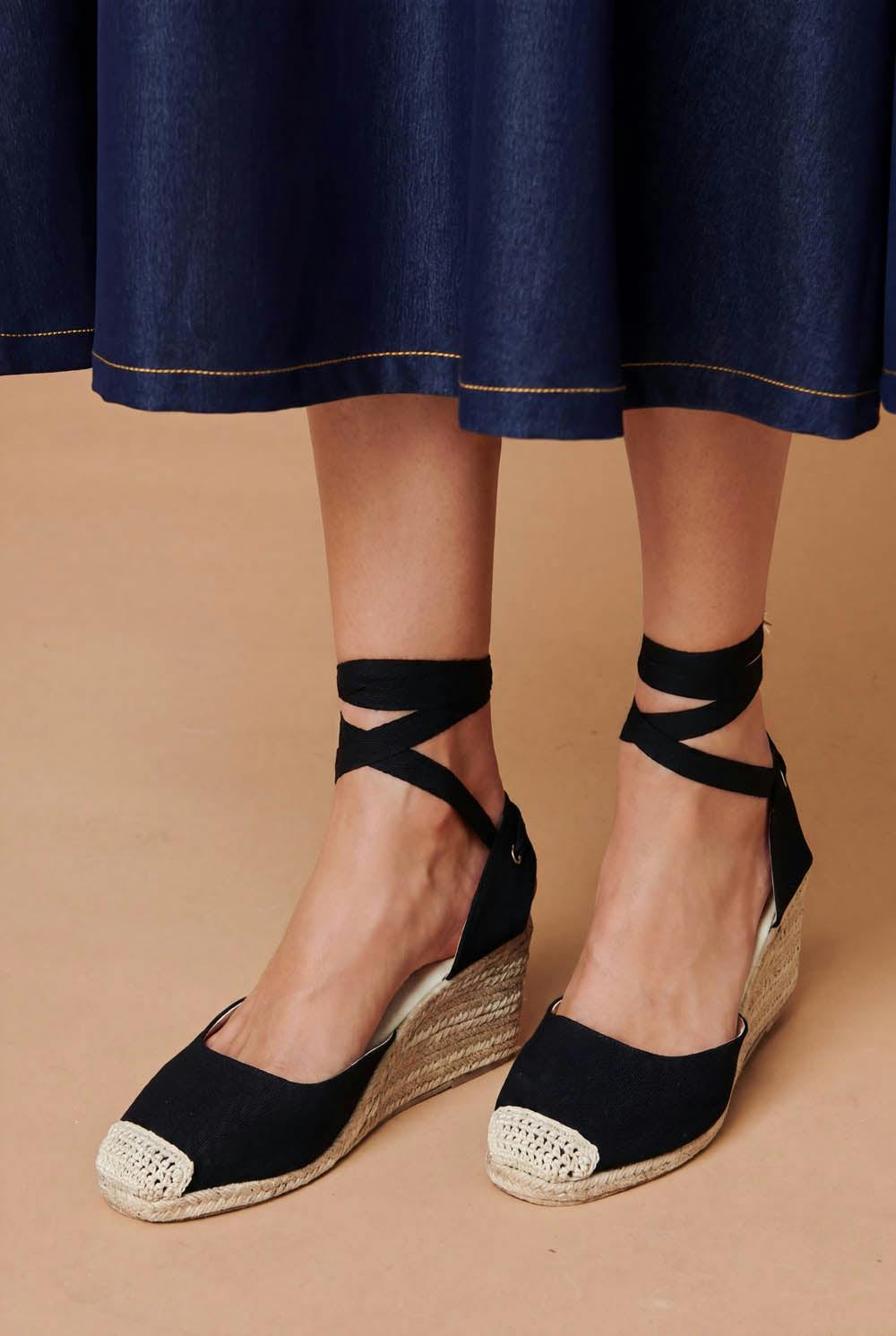 Izabel London Black Woven Ankle Tie Wedge Espadrille - Uk 5 / Eu 38