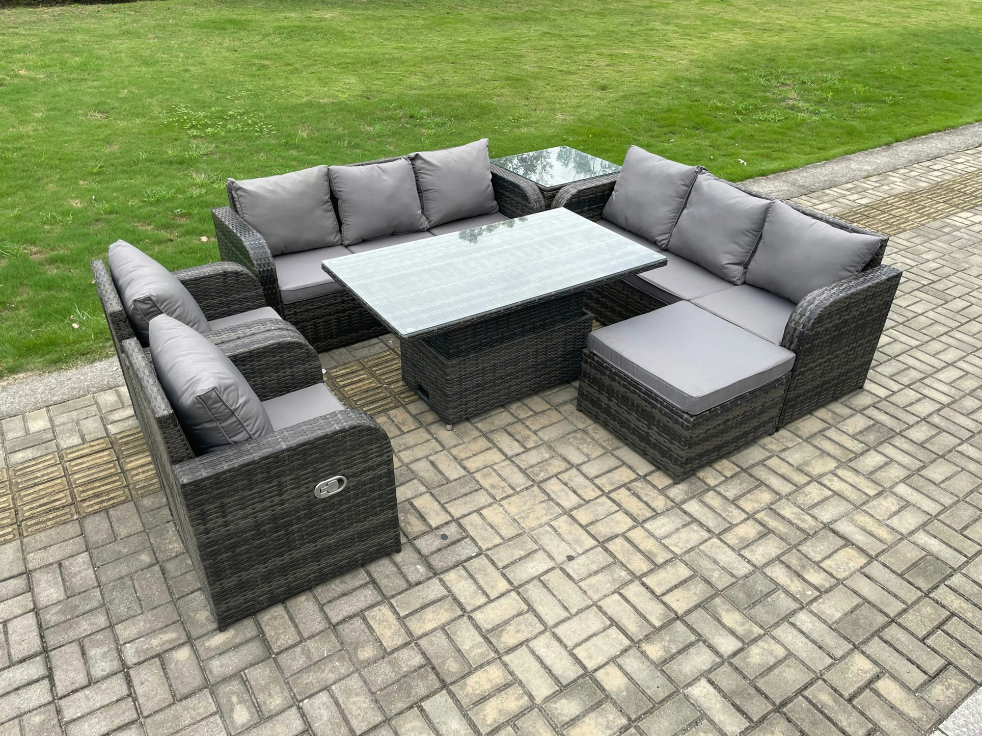 Fimous Dark/Grey Mixed Pe Rattan Outdoor Dining Set - Height Adjustable Lifting Table, Reclining Chair, Side Table & Footstool