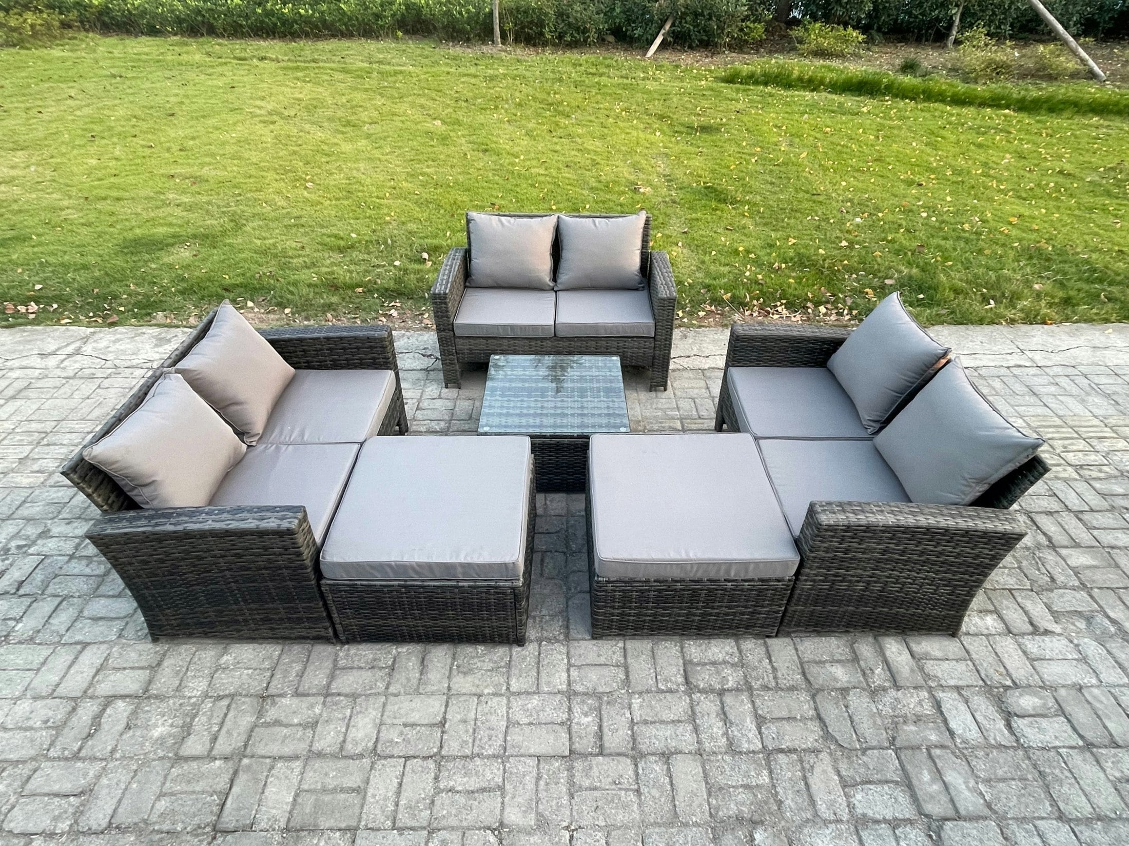 Fimous Dark/Grey 8 Seater Outdoor Rattan Garden Furniture Set Conservatory Patio Sofa Coffee Table Set With 2 Big Footstool Mixed